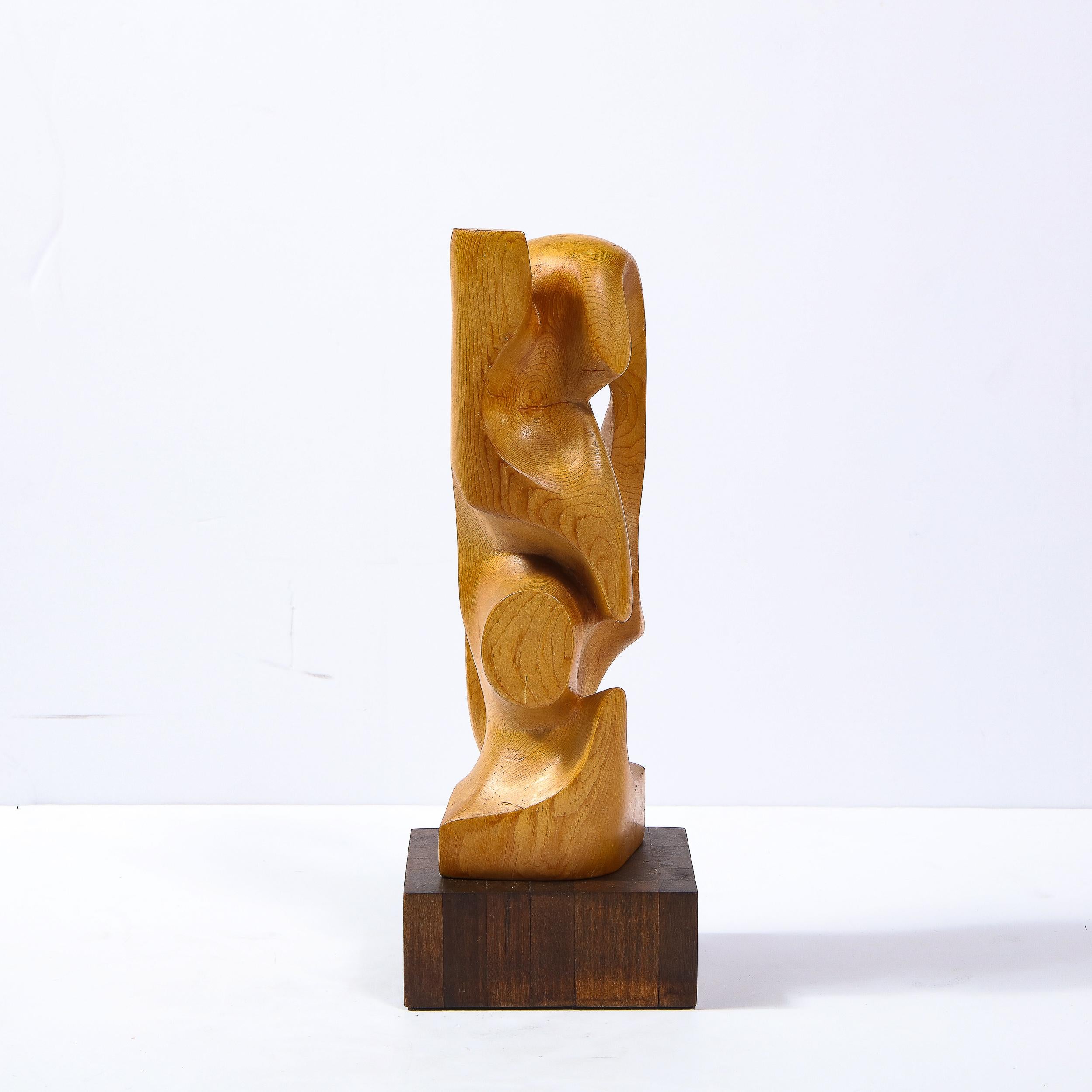 Mid-Century Modern Anamorphic Abstract Oak Sculpture on Walnut Pedestal 4