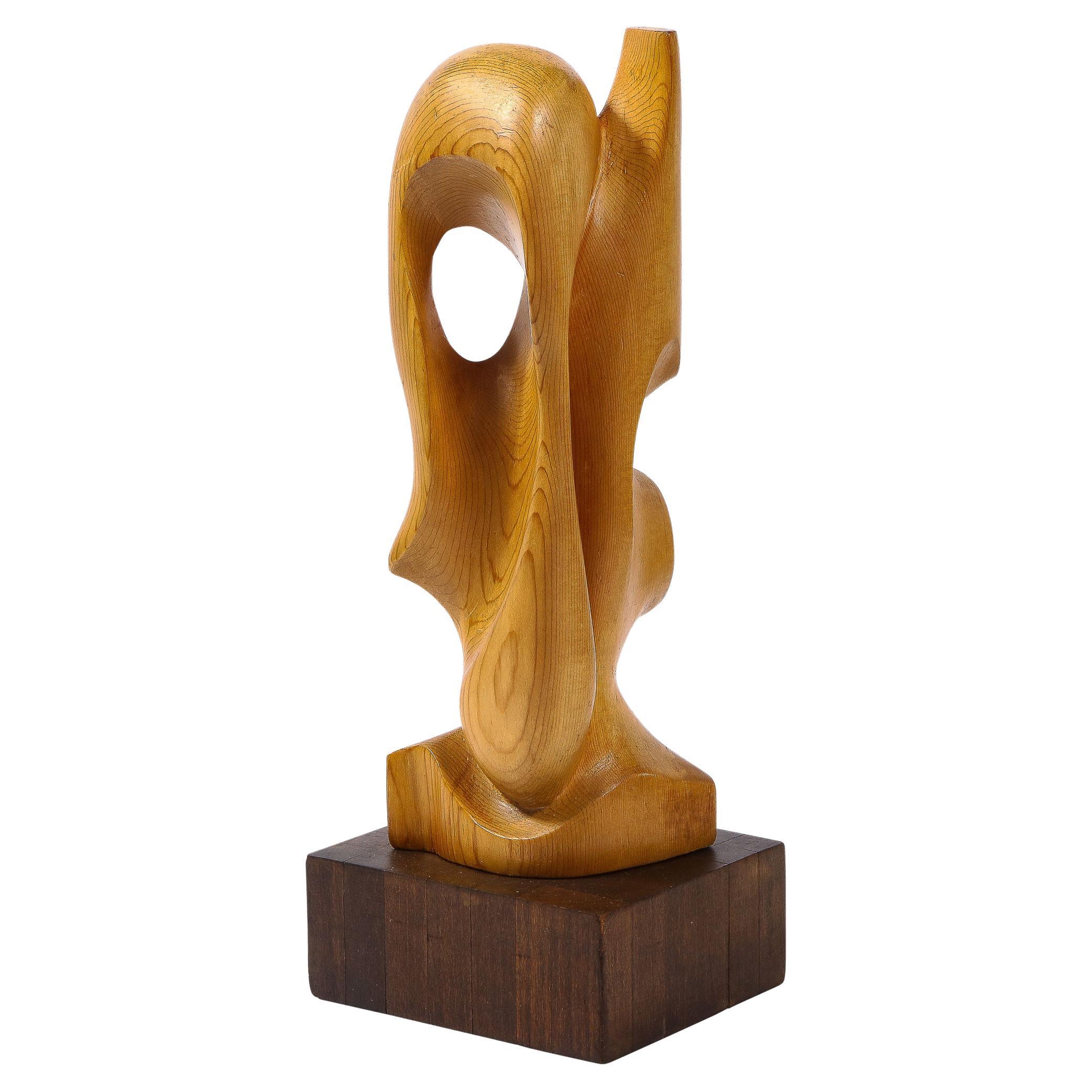 Mid-Century Modern Anamorphic Abstract Oak Sculpture on Walnut Pedestal