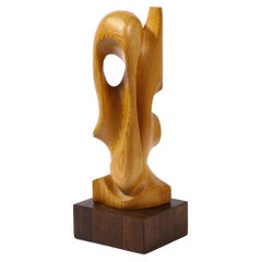 Mid-Century Modern Anamorphic Abstract Oak Sculpture on Walnut Pedestal