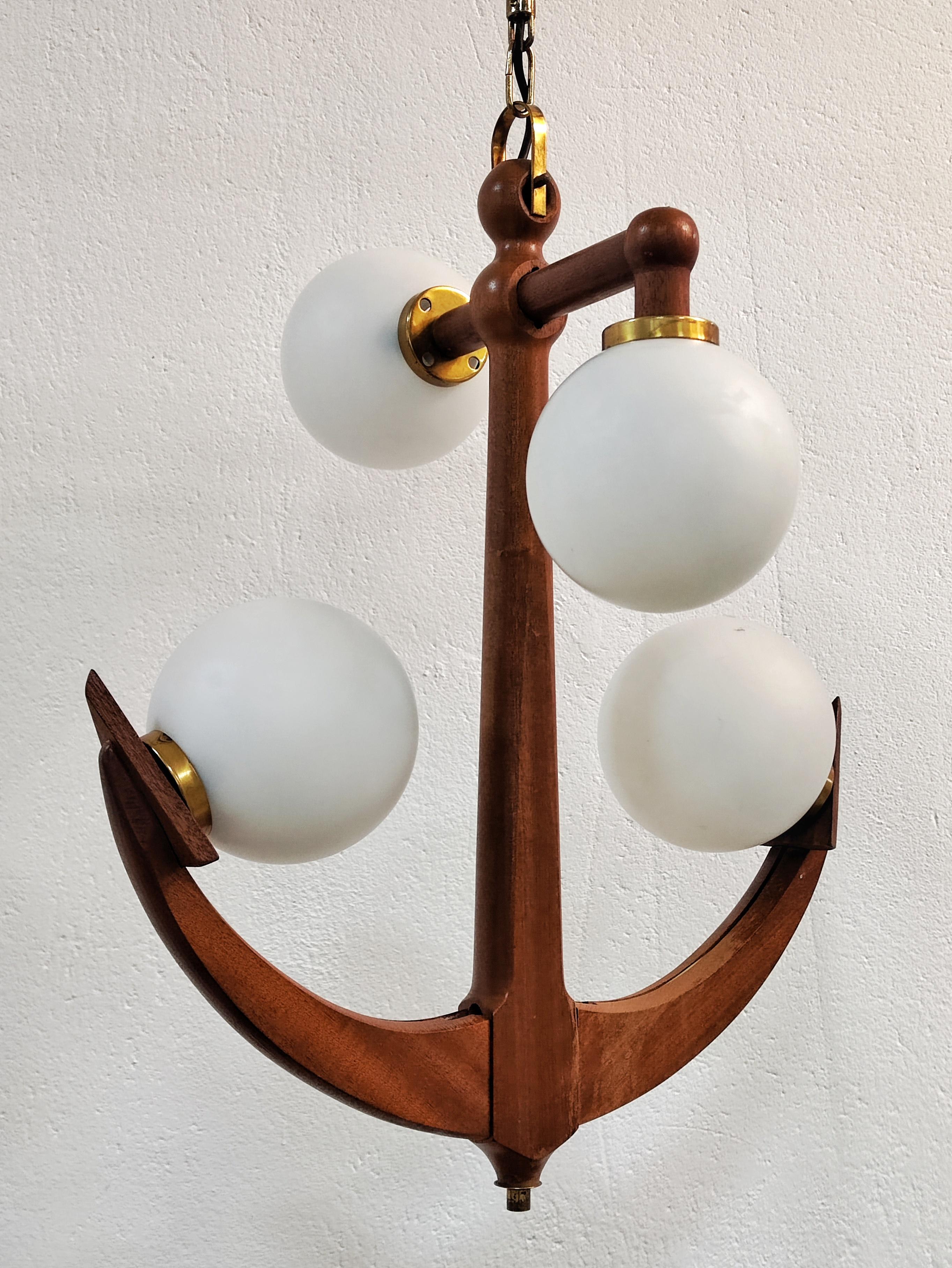 Mid-Century Modern Anchor Shaped Chandelier in Solid Mahogany and Opaline Glass For Sale 3
