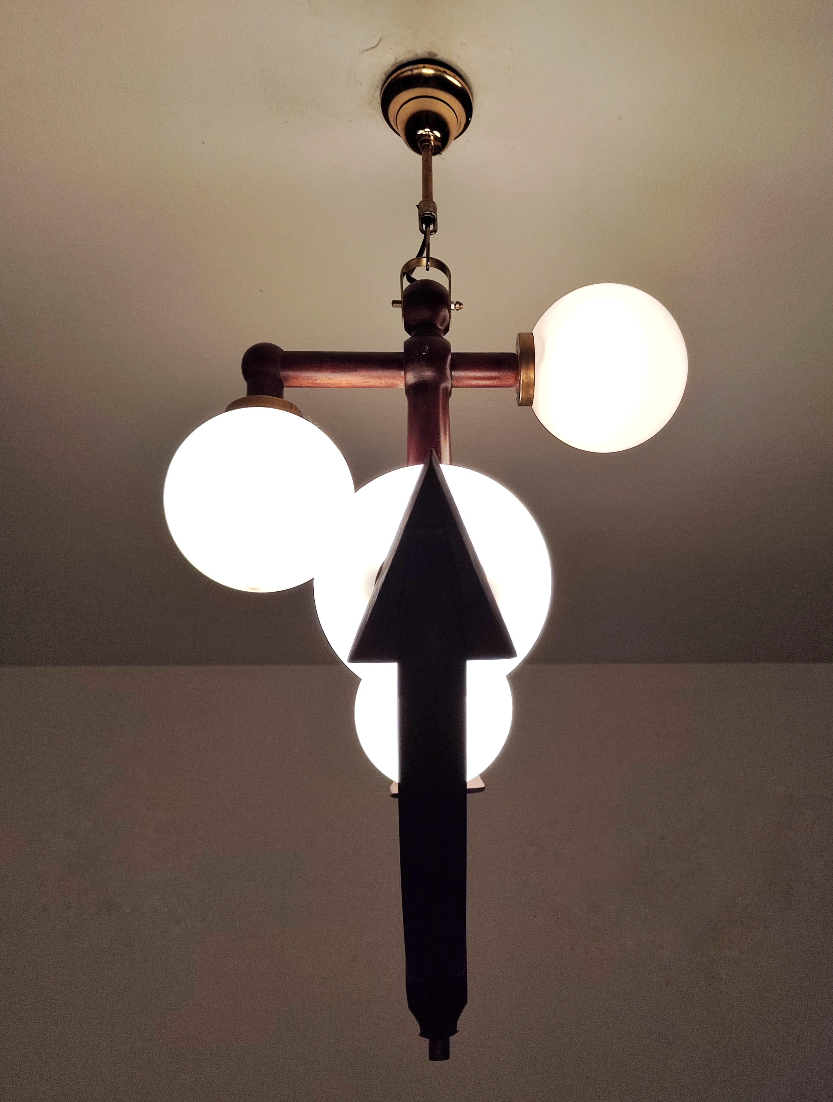 Danish Mid-Century Modern Anchor Shaped Chandelier in Solid Mahogany and Opaline Glass For Sale