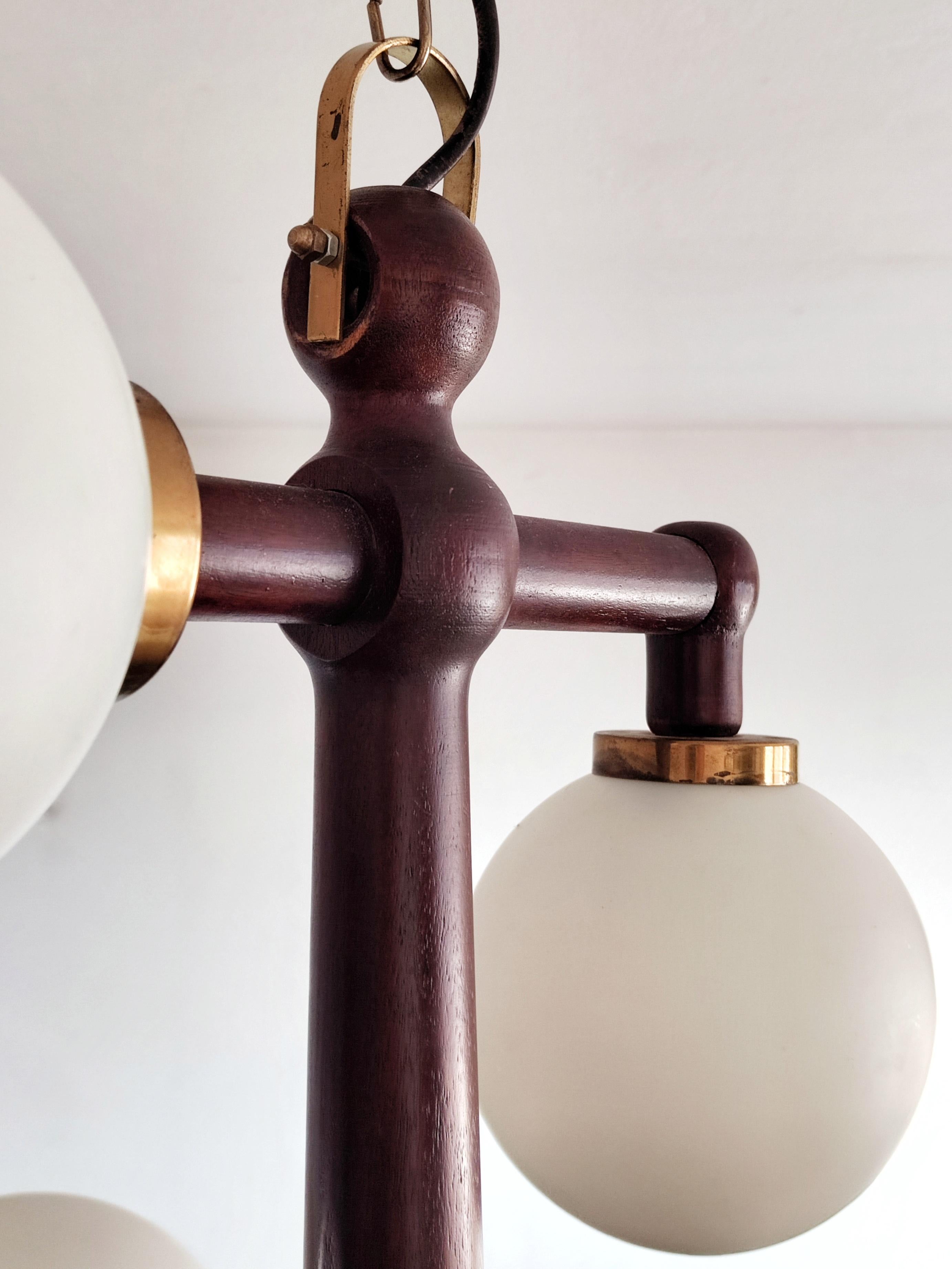 Mid-Century Modern Anchor Shaped Chandelier in Solid Mahogany and Opaline Glass In Good Condition In Beograd, RS