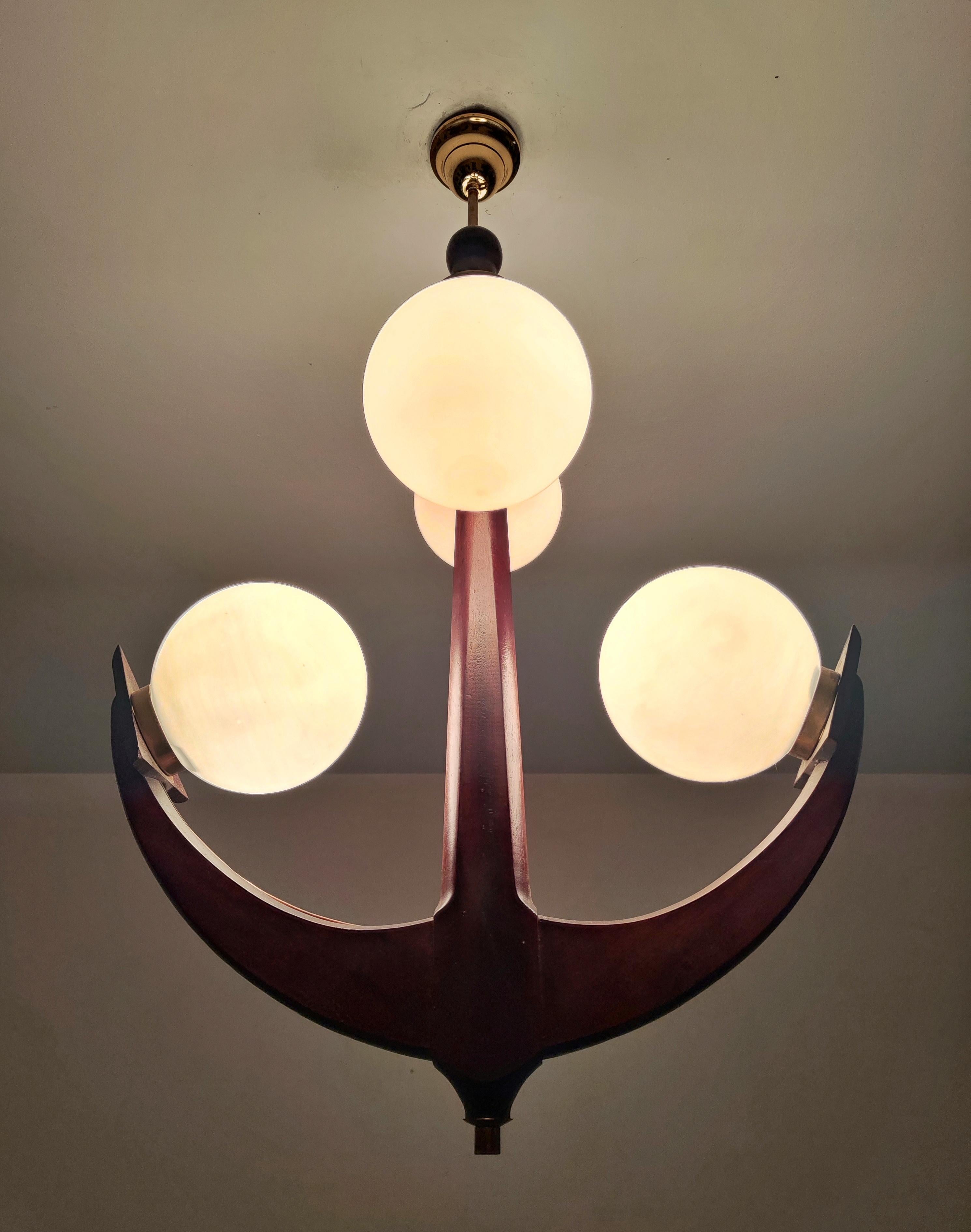 Mid-20th Century Mid-Century Modern Anchor Shaped Chandelier in Solid Mahogany and Opaline Glass For Sale