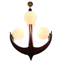 Mid-Century Modern Anchor Shaped Chandelier in Solid Mahogany and Opaline Glass