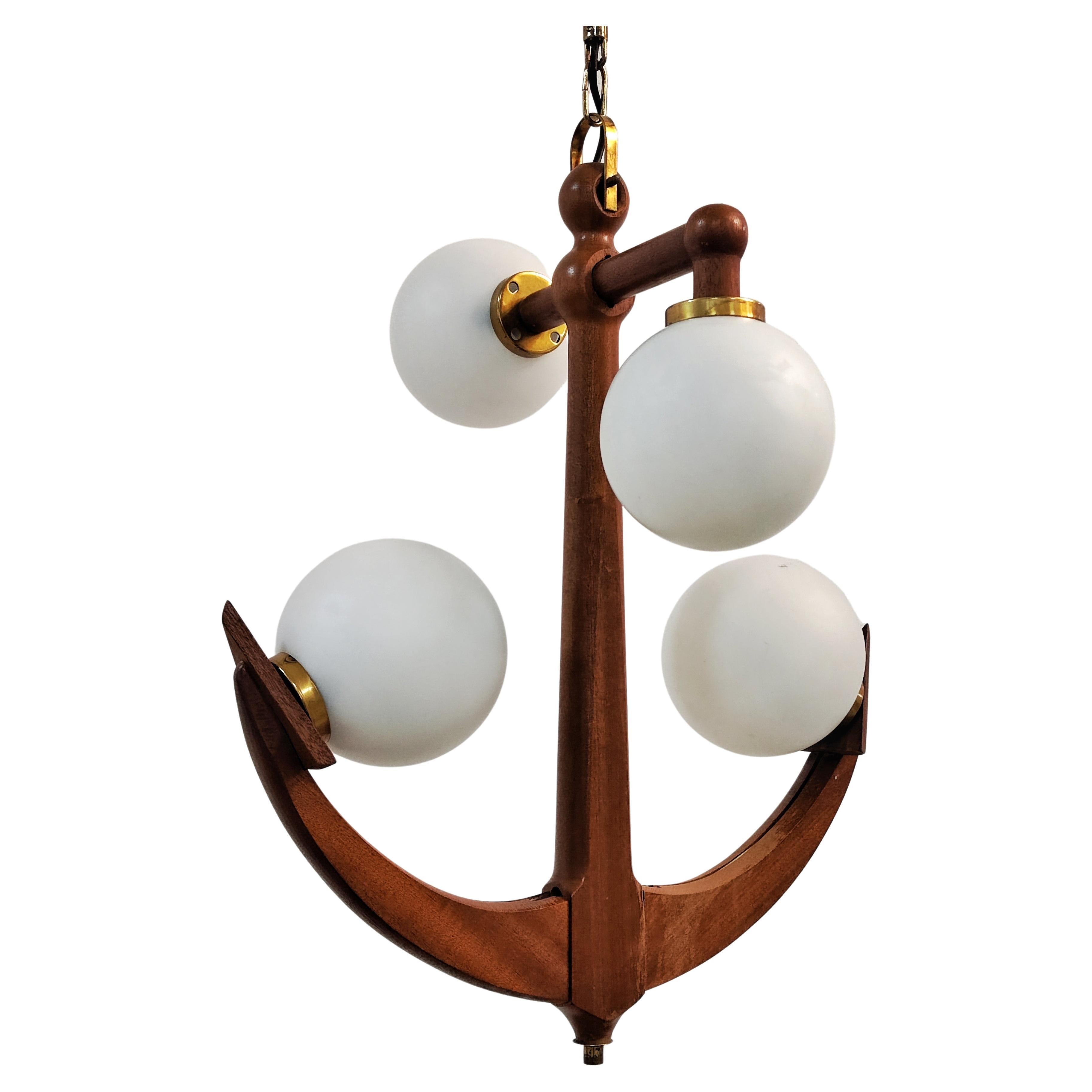 Mid-Century Modern Anchor Shaped Chandelier in Solid Mahogany and Opaline Glass For Sale