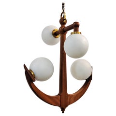 Vintage Mid-Century Modern Anchor Shaped Chandelier in Solid Mahogany and Opaline Glass