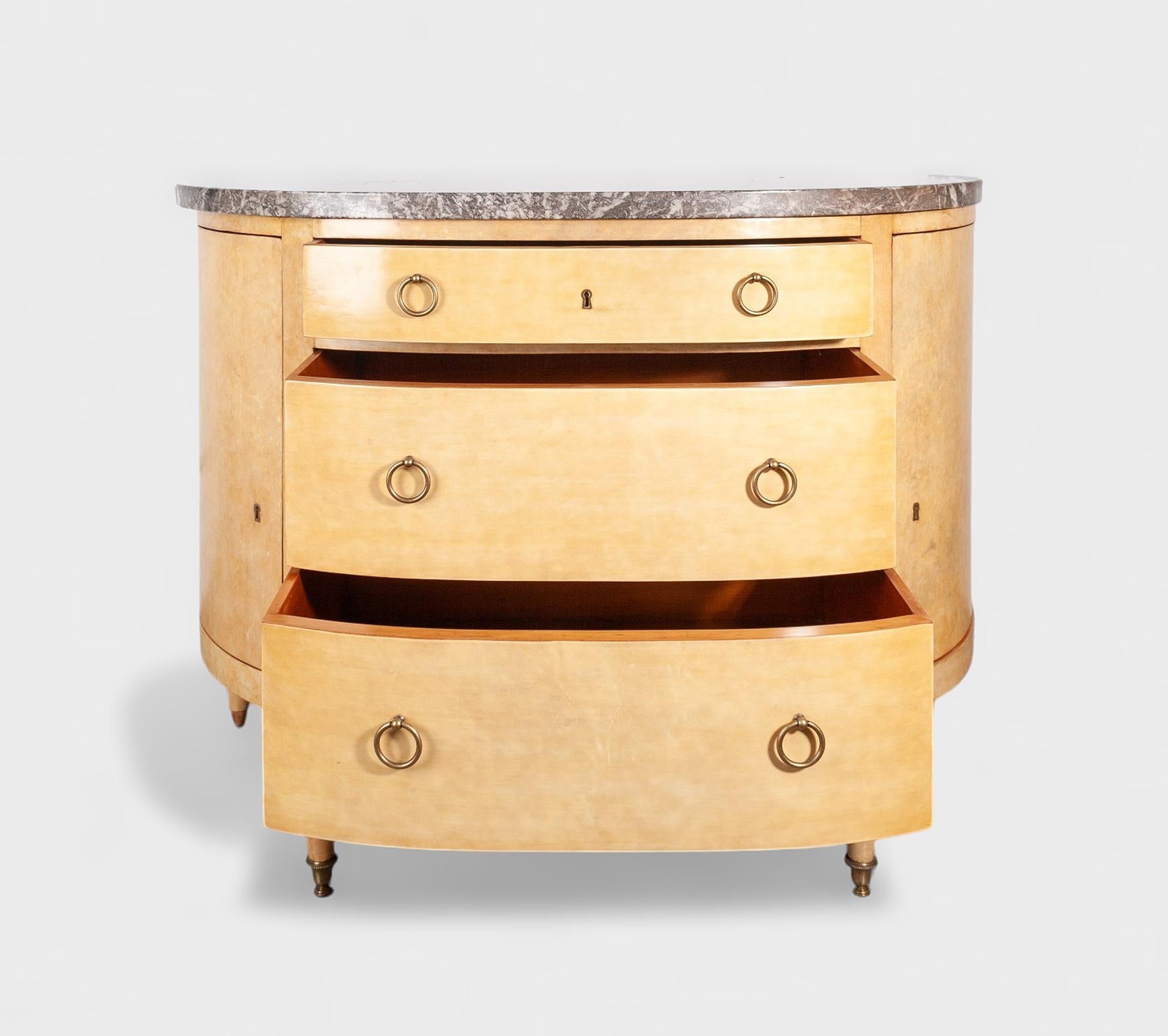 French Mid-Century Modern André Arbus-Style Wood and Marble Demilune Dresser, France For Sale