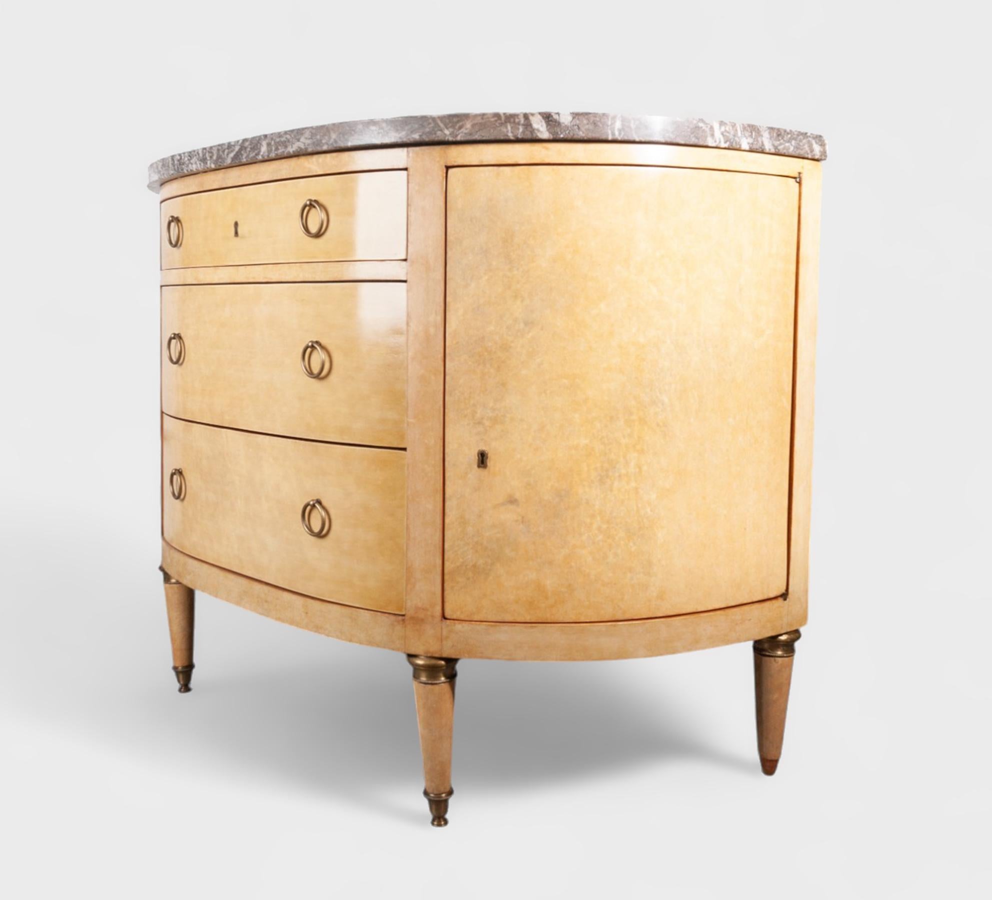 Carved Mid-Century Modern André Arbus-Style Wood and Marble Demilune Dresser, France For Sale