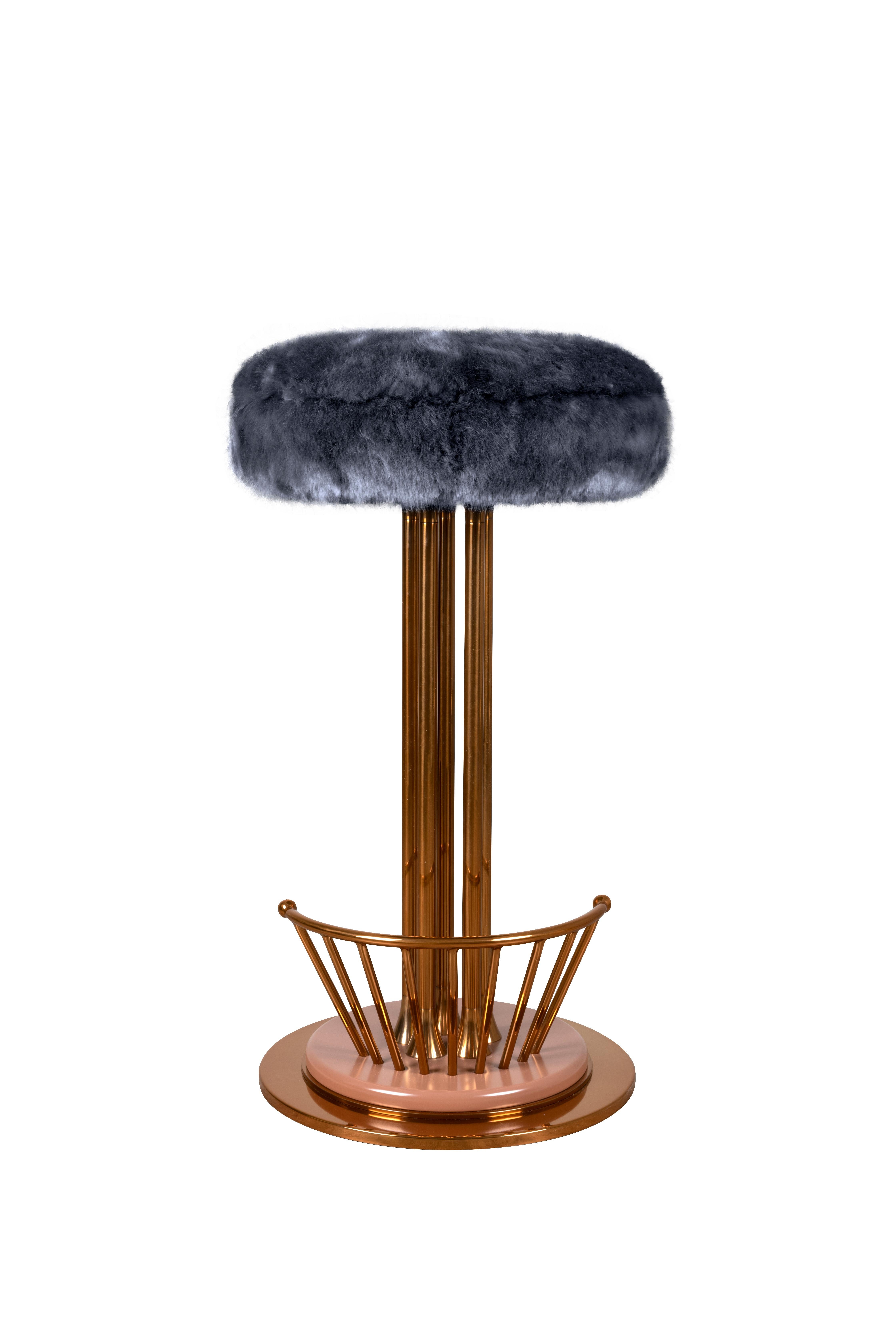 Contemporary Mid-Century Modern Andy Bar Stool Fur Polished Brass For Sale