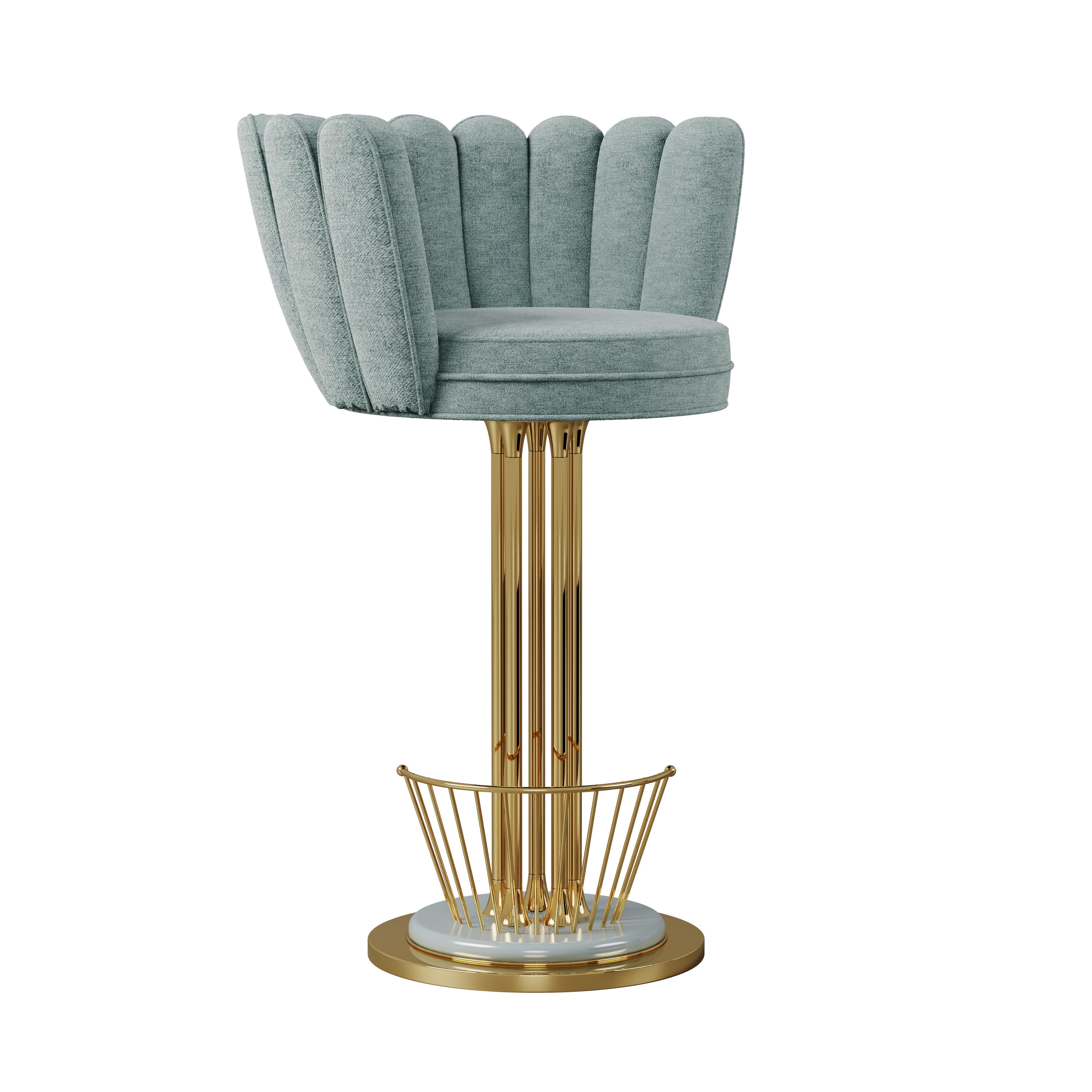 Contemporary Mid-Century Modern Angel Swivel Bar Stool Brass Cotton Velvet For Sale
