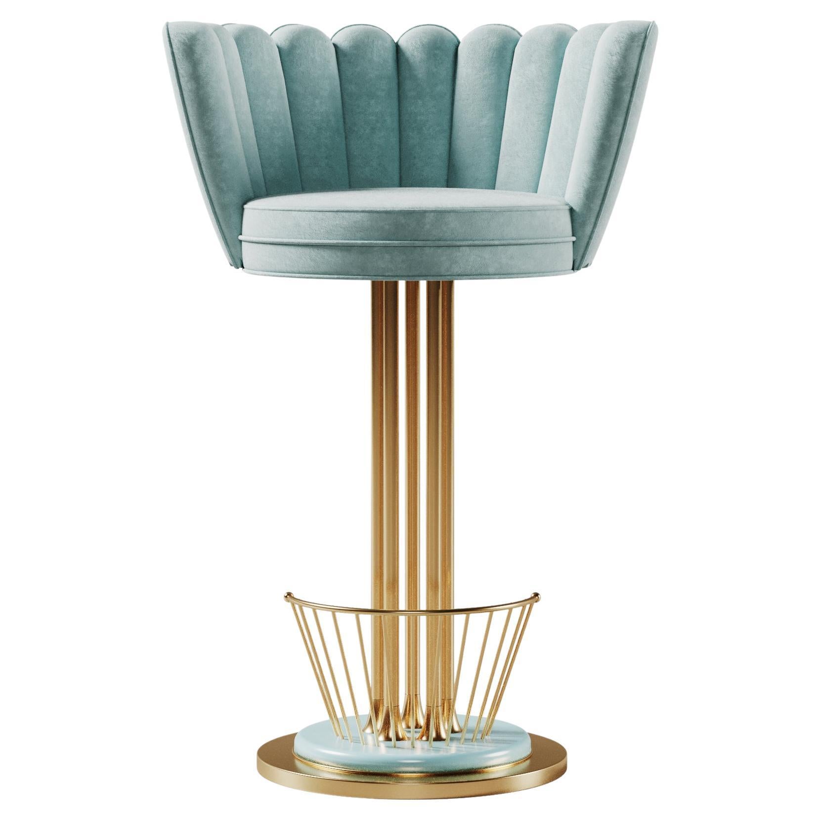 Mid-Century Modern Angel Swivel Bar Stool Brass Cotton Velvet For Sale