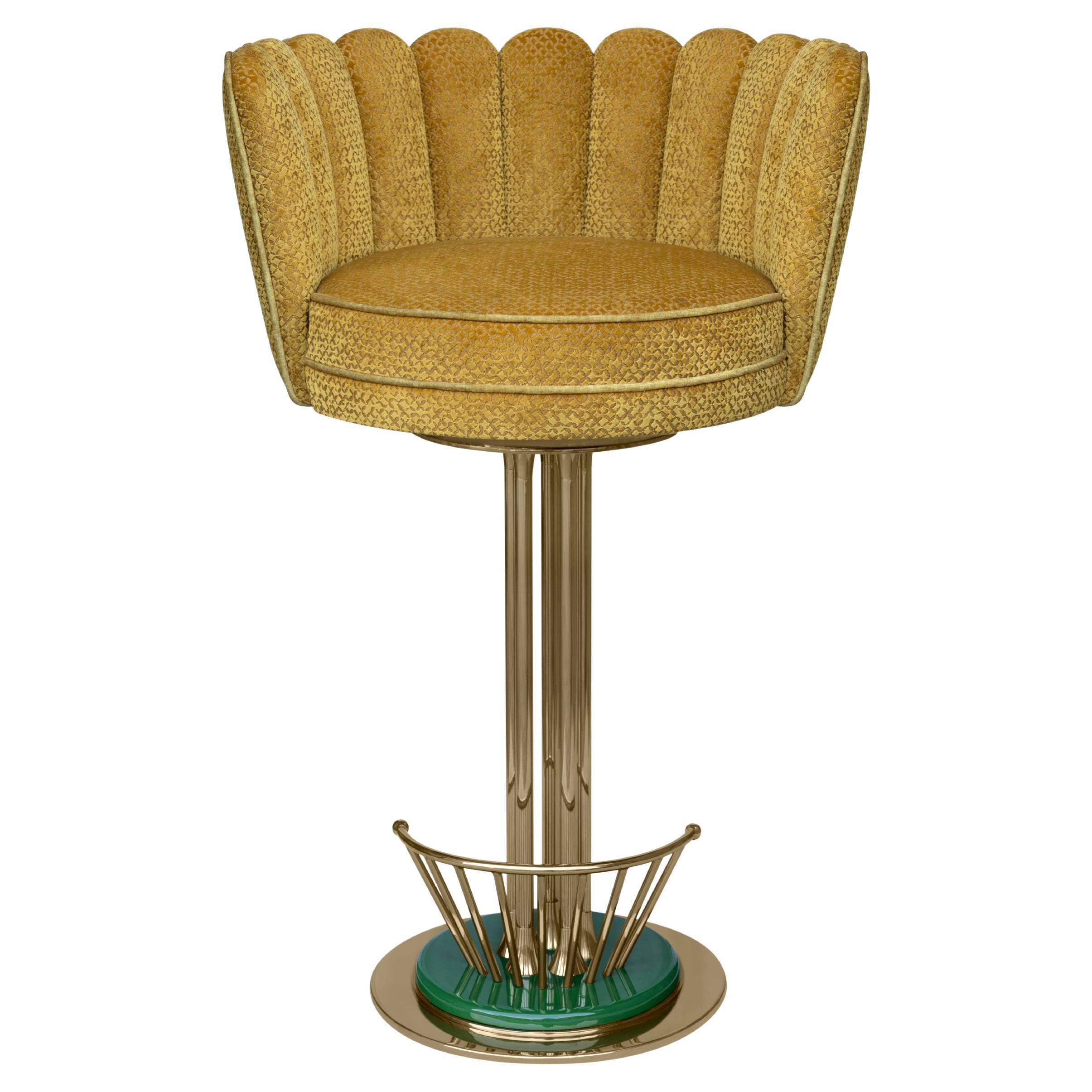 Mid-Century Modern Angel Swivel Bar Stool Brass Cotton Velvet