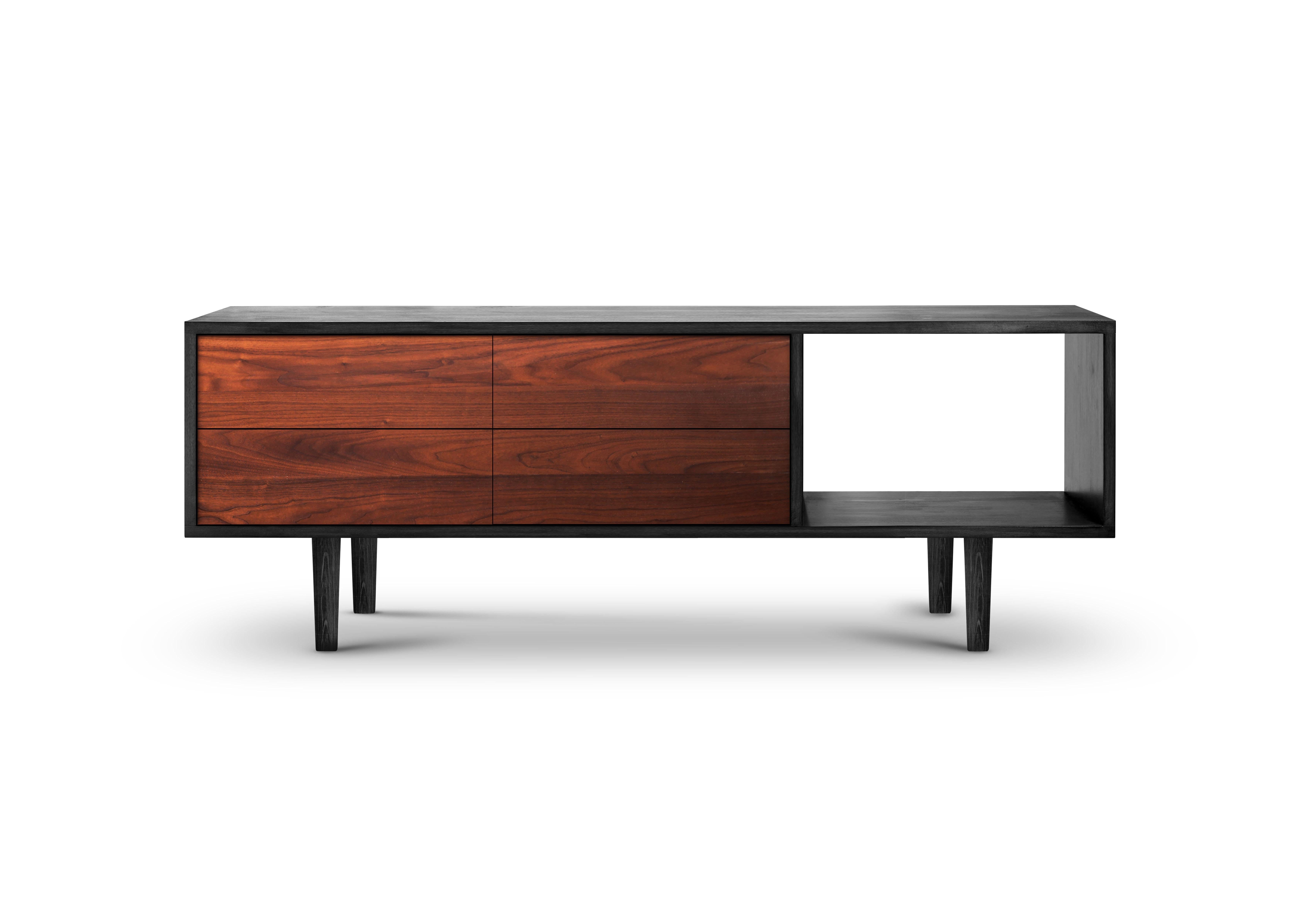 The high end modern media console Apollo offers the ultimate in unmistakable midcentury style. Superbly executed by European master craftsmen this console is particularly outstanding in its minimalist style. Beautifully crafted with a fine walnut