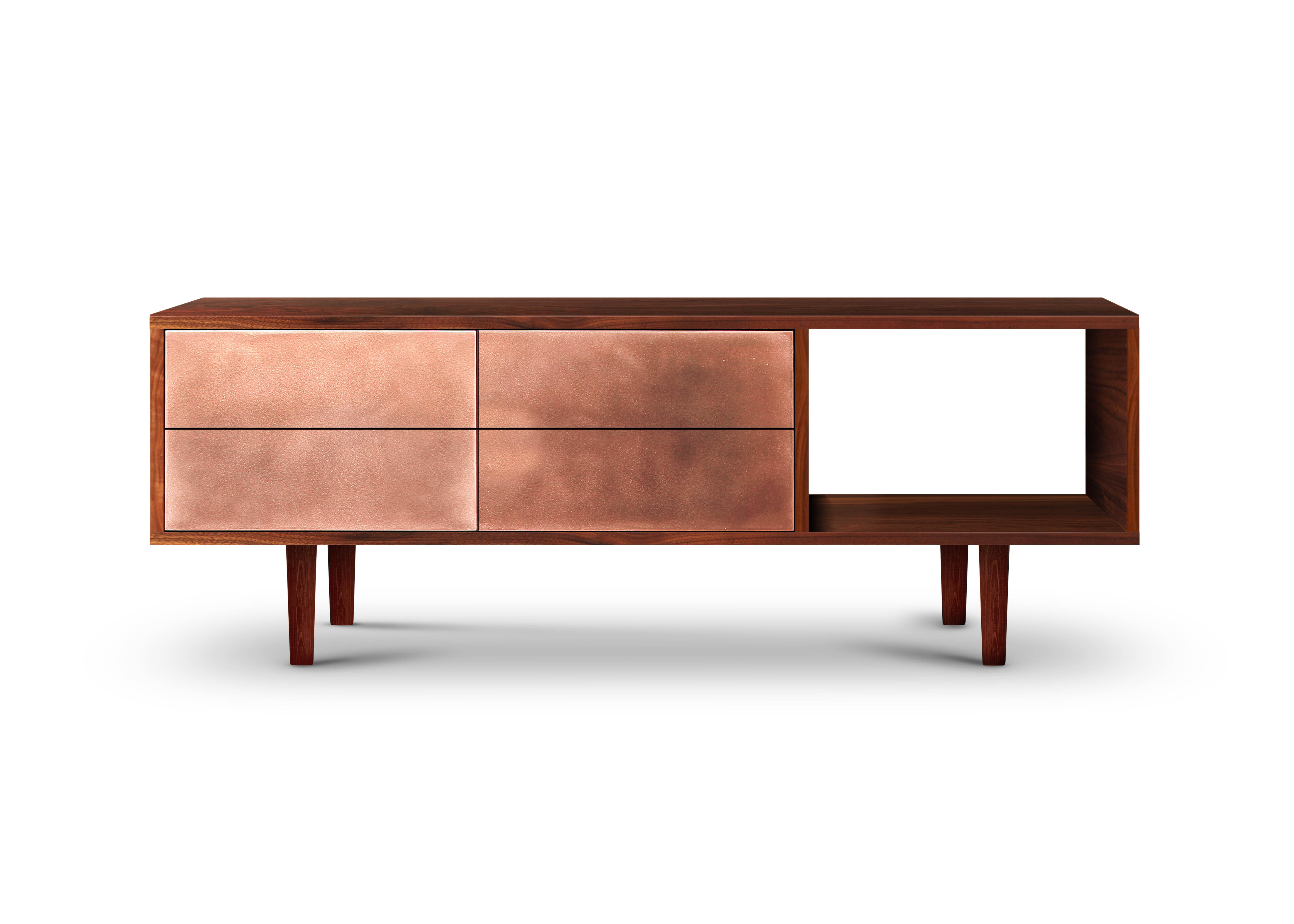 Fatto a mano Console multimediale Apollo in noce, nero, rame o ottone, in stile Mid-Century Modern in vendita