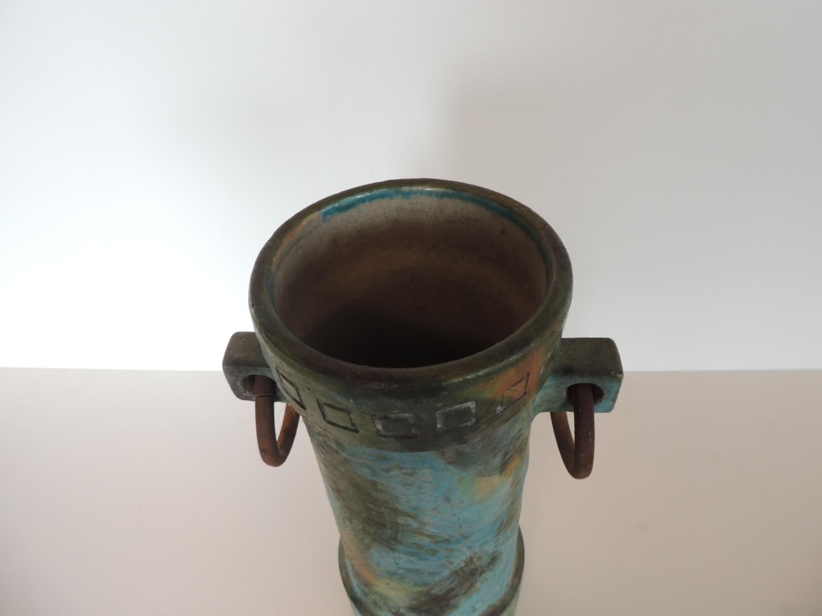 Italian Mid-Century Modern Aqua and Green Hand Painted Pottery Vase with Iron Handles