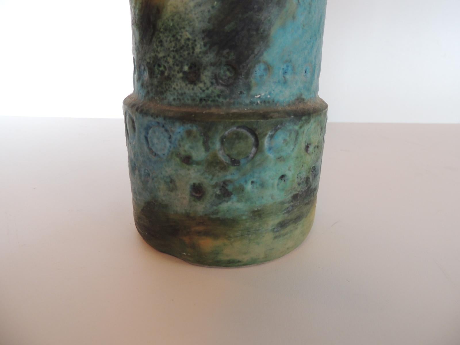 Mid-Century Modern Aqua and Green Hand Painted Pottery Vase with Iron Handles In Good Condition In Oakland Park, FL