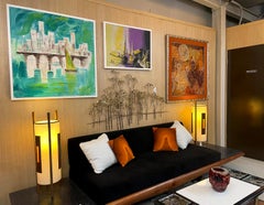 Aqua Blue White and Green Nautical Harbor Painting - Mid-Century Modern