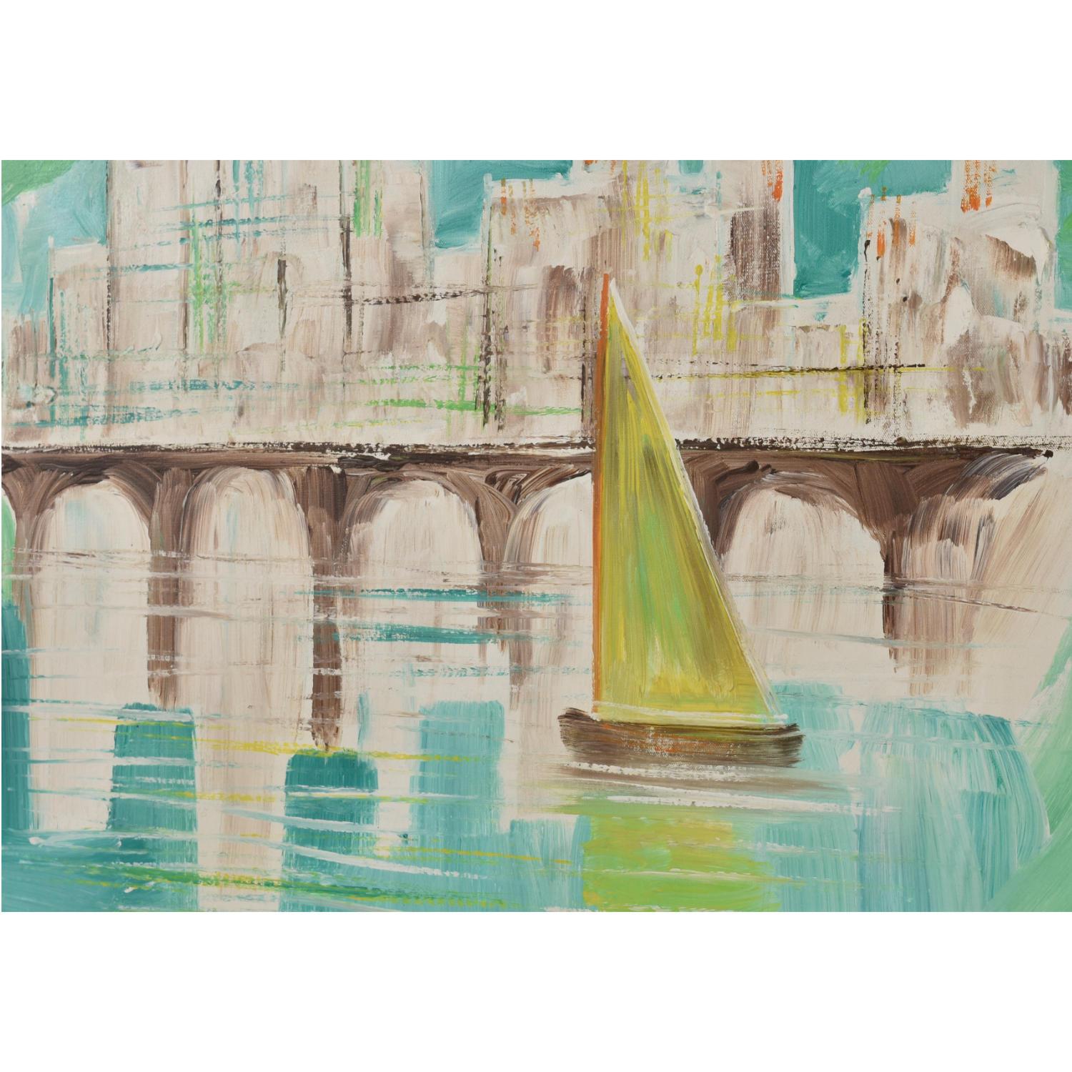 Late 20th Century Mid-Century Modern Aqua Blue White and Green Nautical Harbor Painting For Sale