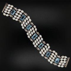 Mid-Century, Modern Aquamarine and Pearl Bracelet Estate Fine Jewelry