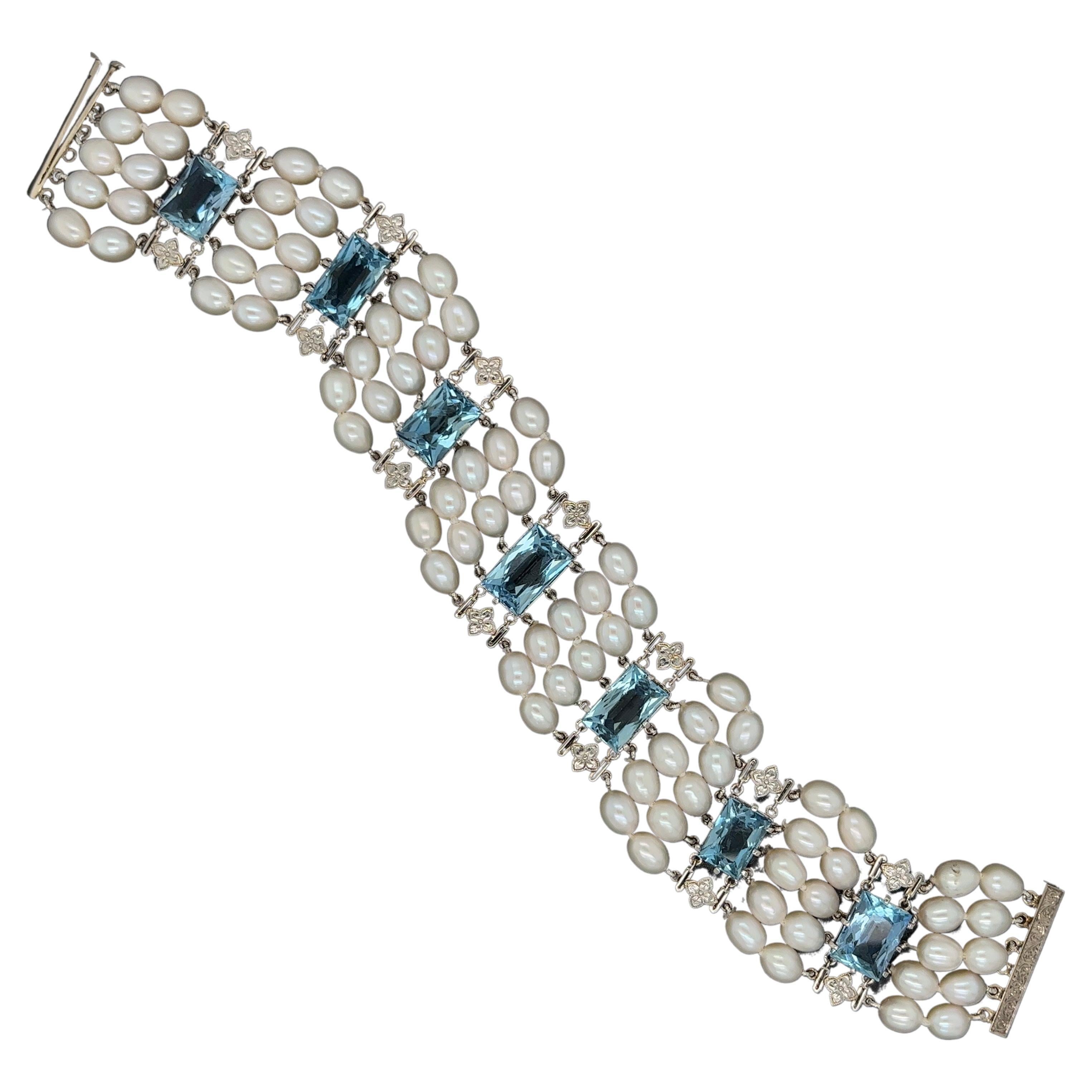 Mid-Century, Modern Aquamarine and Pearl Bracelet Estate Fine Jewelry