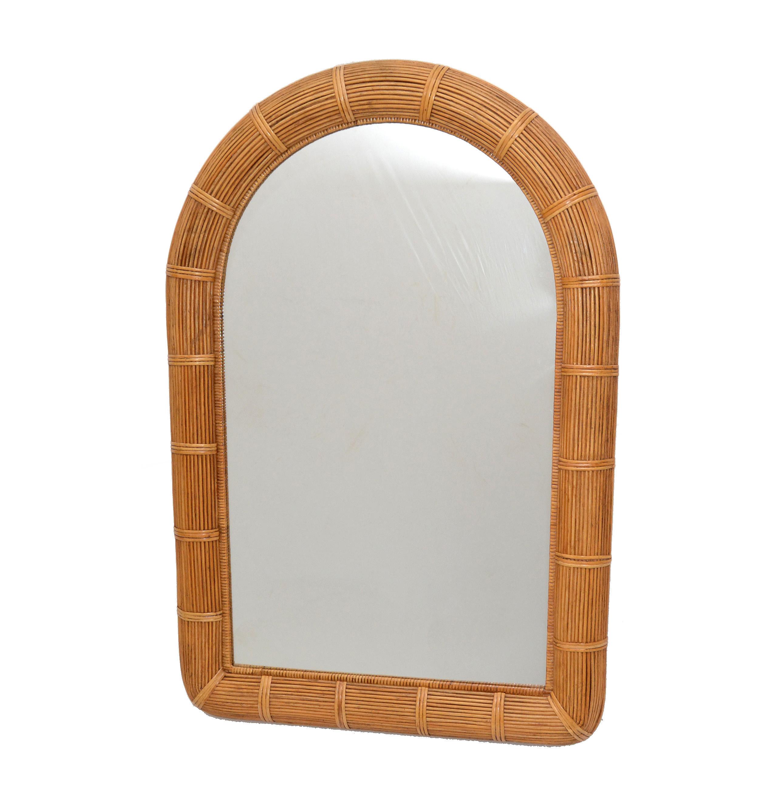 Mid-Century Modern Arch Handwoven Pencil Reed & Wicker Wall Mirror Bohemian Chic For Sale 4