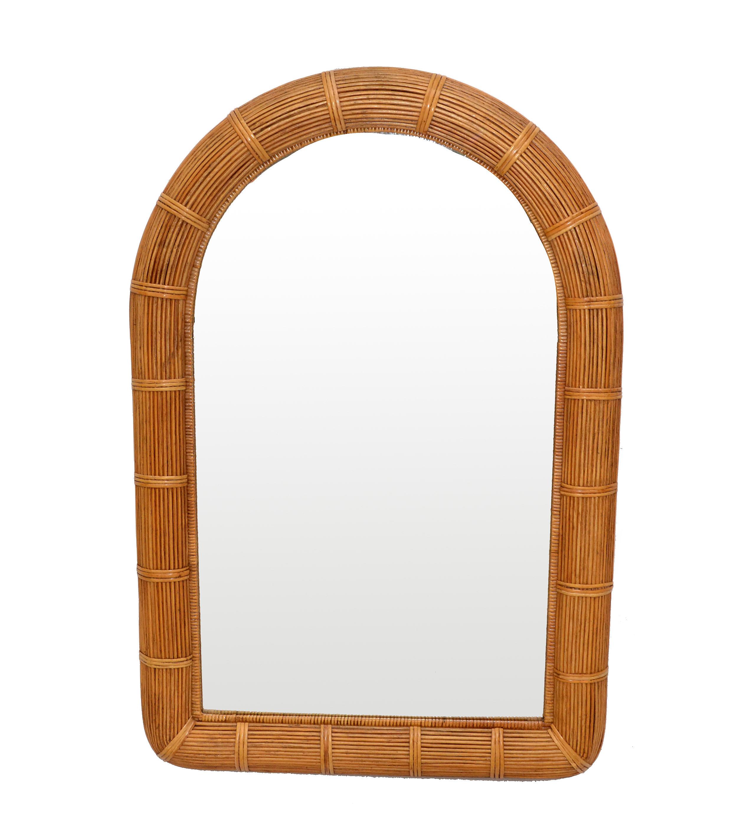 Mid-Century Modern Arch Handwoven Pencil Reed & Wicker Wall Mirror Bohemian Chic For Sale 7