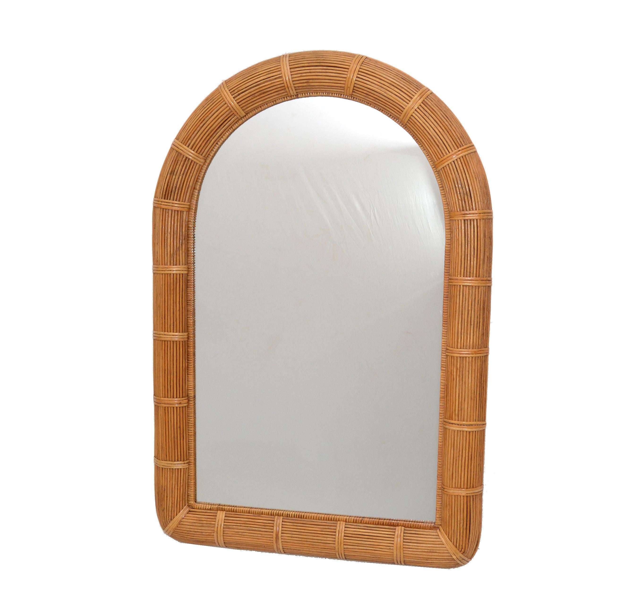 American Mid-Century Modern Arch Handwoven Pencil Reed & Wicker Wall Mirror Bohemian Chic For Sale