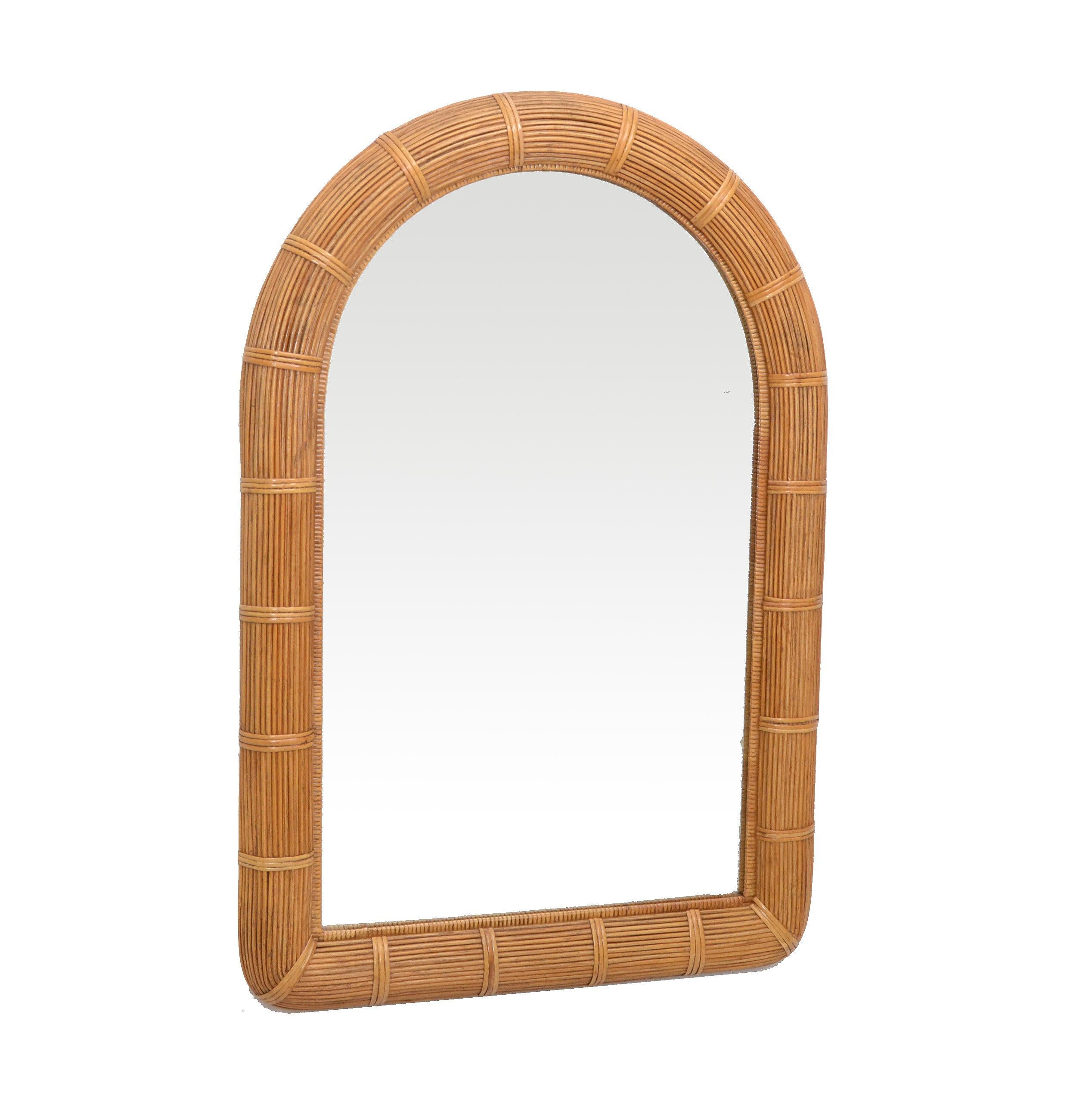 Hand-Woven Mid-Century Modern Arch Handwoven Pencil Reed & Wicker Wall Mirror Bohemian Chic For Sale