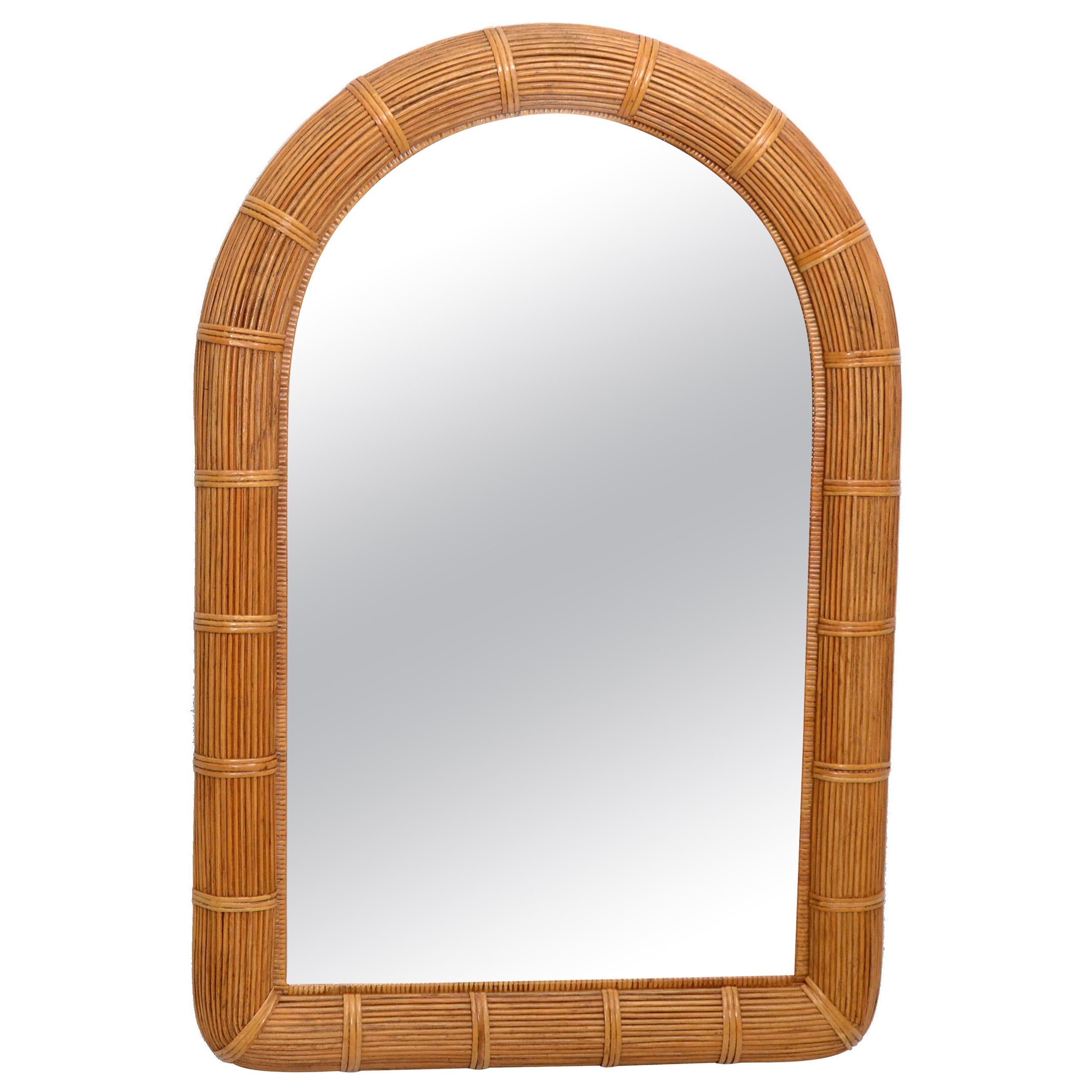 Mid-Century Modern Arch Handwoven Pencil Reed & Wicker Wall Mirror Bohemian Chic For Sale
