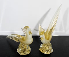 Mid-Century Modern Archimede Seguso Pair of Gold Leaf Glass Cocks Birds Murano