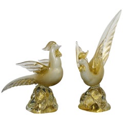 Mid-Century Modern Archimede Seguso Pair of Gold Leaf Glass Cocks Birds Murano