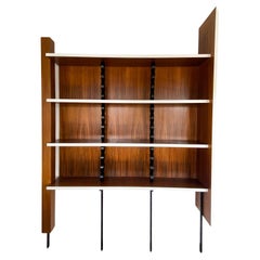 Mid-Century Modern Architectural Brown Wooden Metal Bookcase Shelf, Italy 1970s