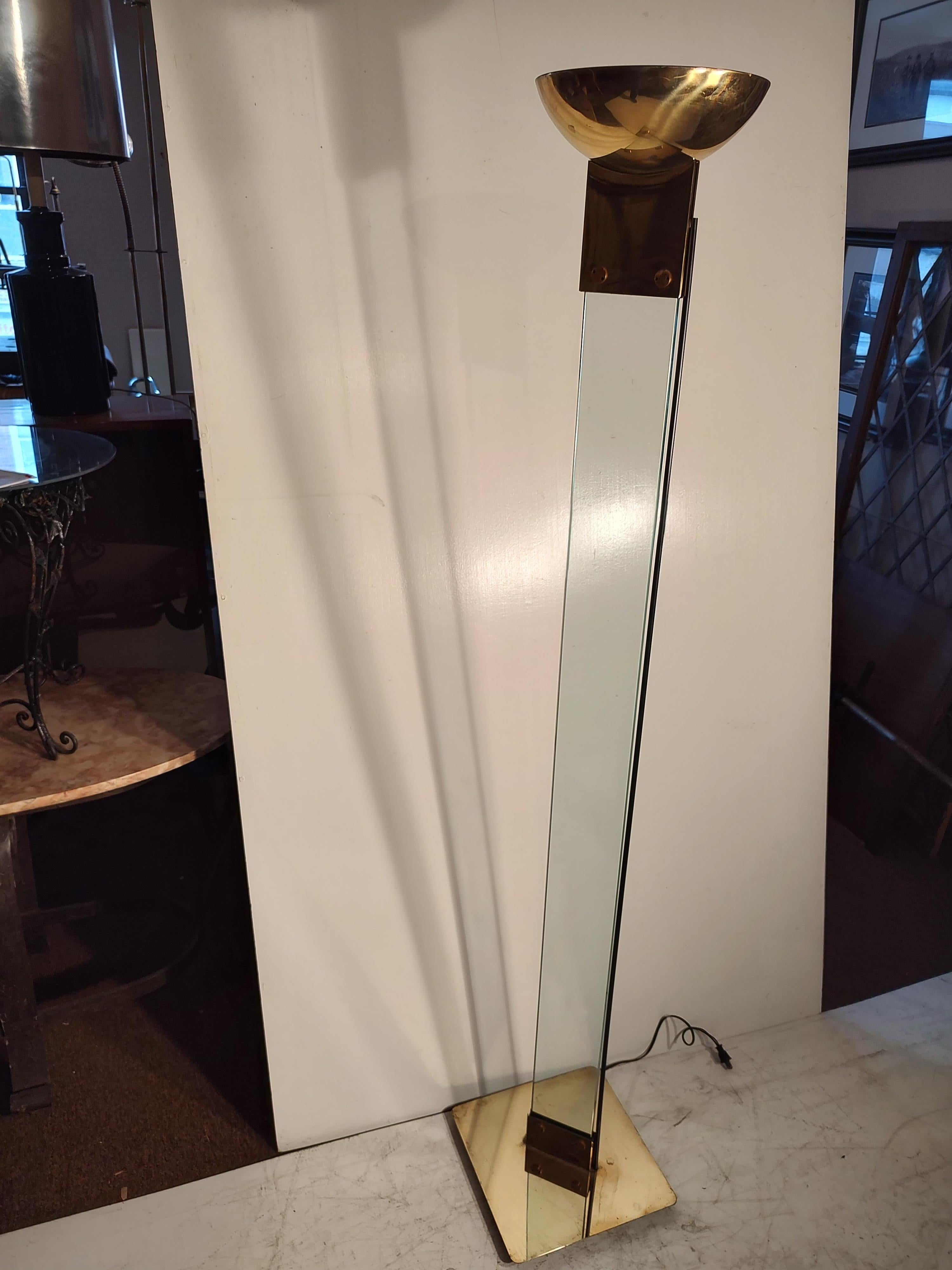 Brass Mid-Century Modern Architectural Glass Floor Lamp by Max Buguara For Sale