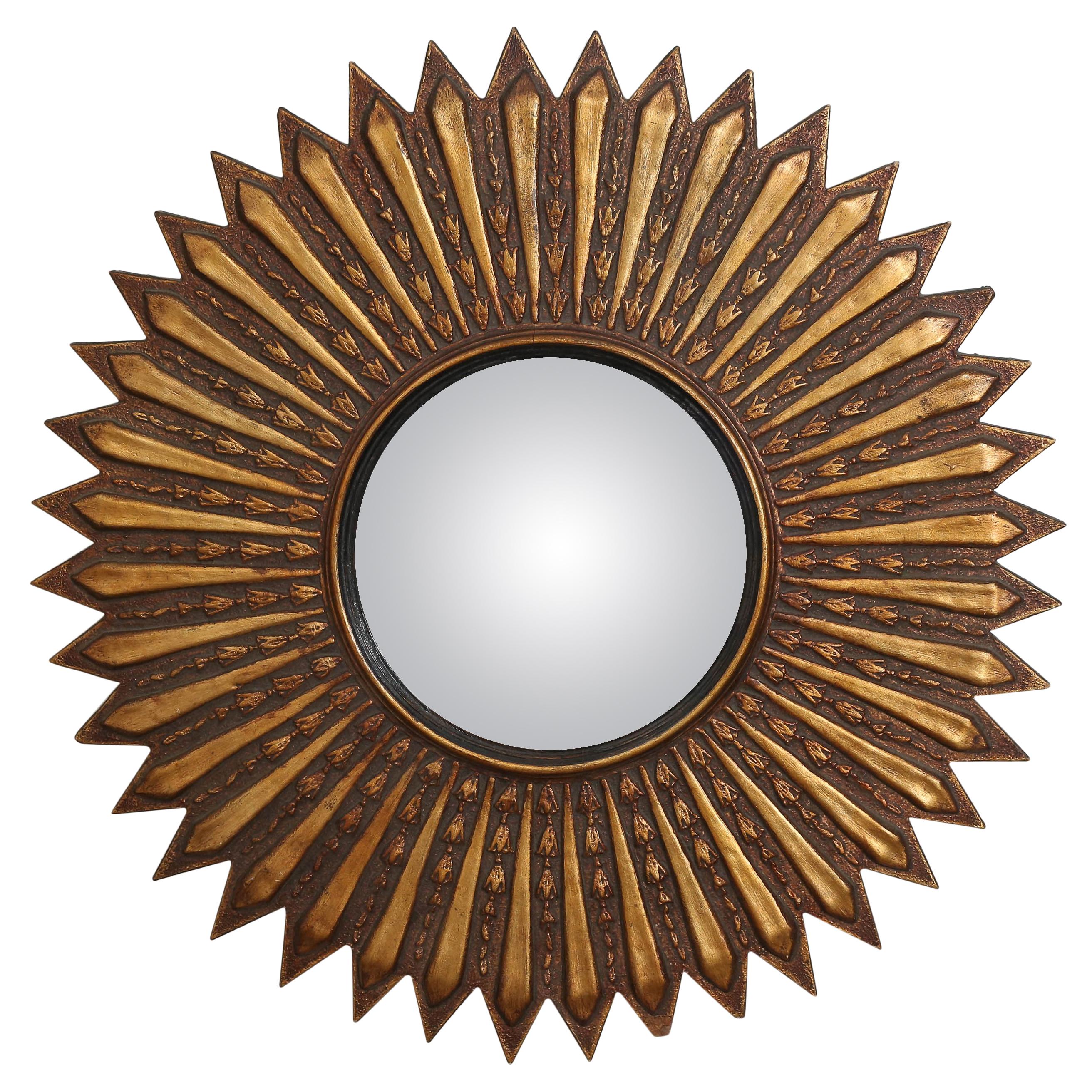 Mid-Century Modern Argentinean Restored Gilded Wood Sunburst Convex Wall Mirror For Sale