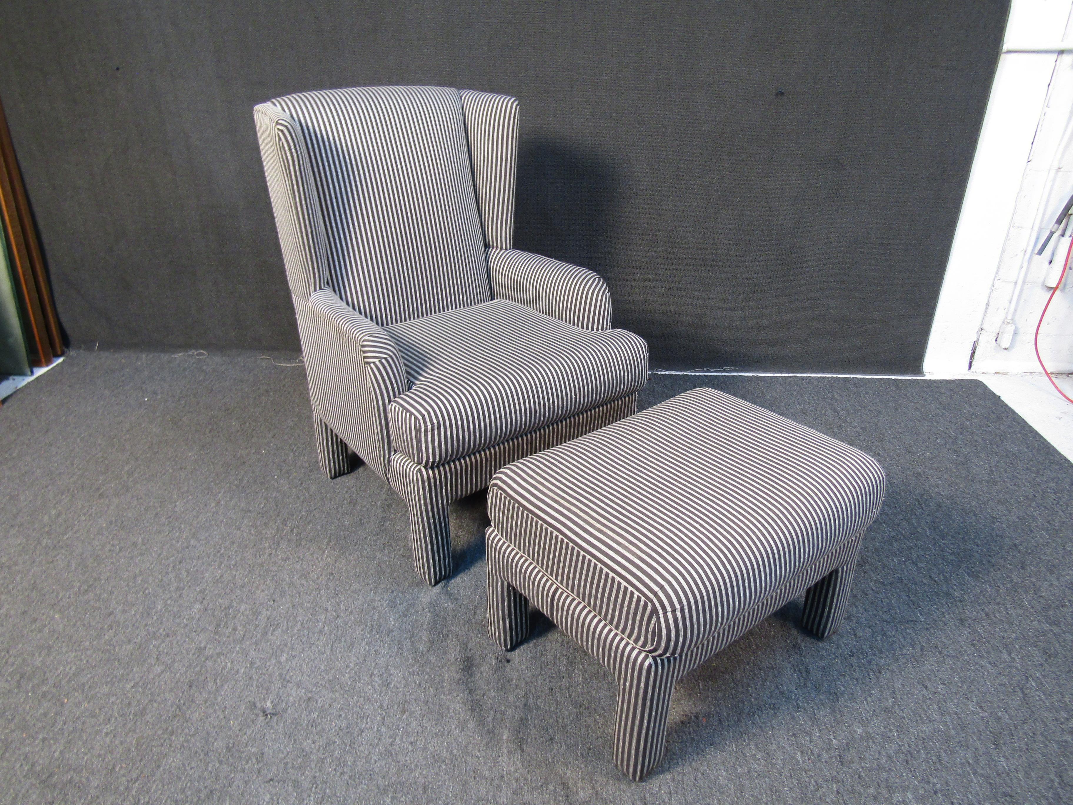 This arm chair and ottoman set features a comfortable cushioned design, with eccentric striped upholstery. Please confirm item location with seller (NY/NJ).