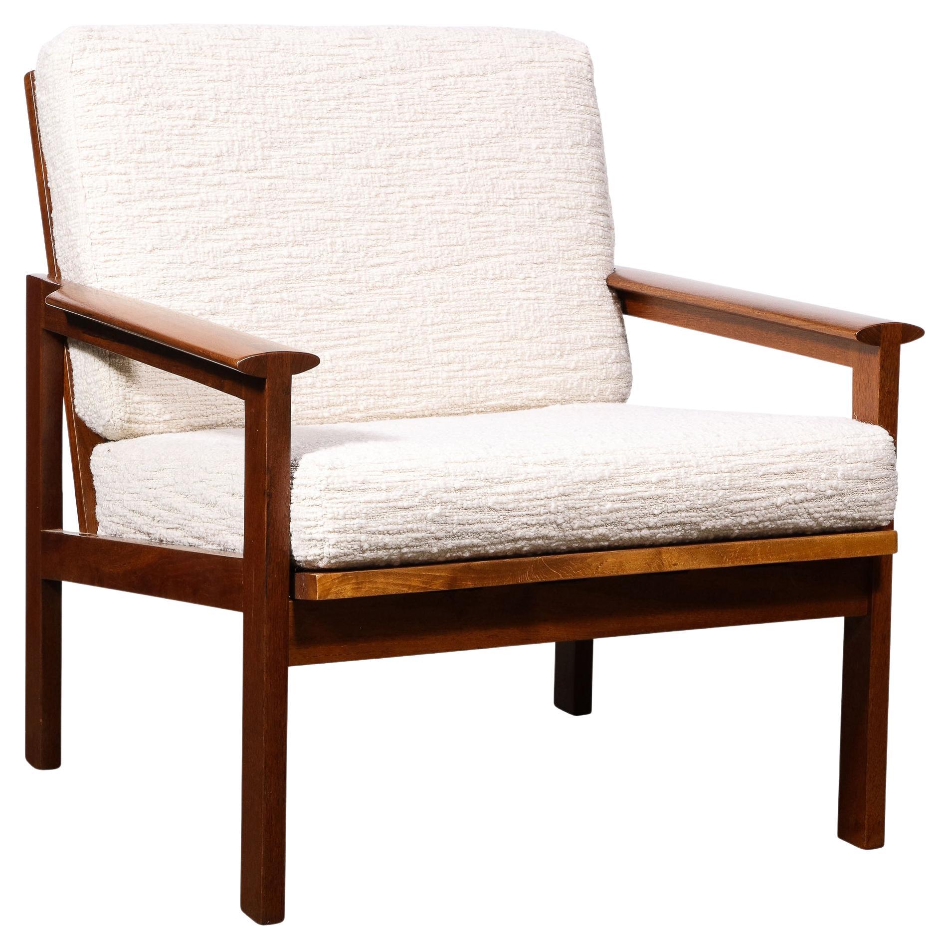 Mid-Century Modern Armchair in Hand Rubbed Teak and Holly Hunt Bouclé Fabric