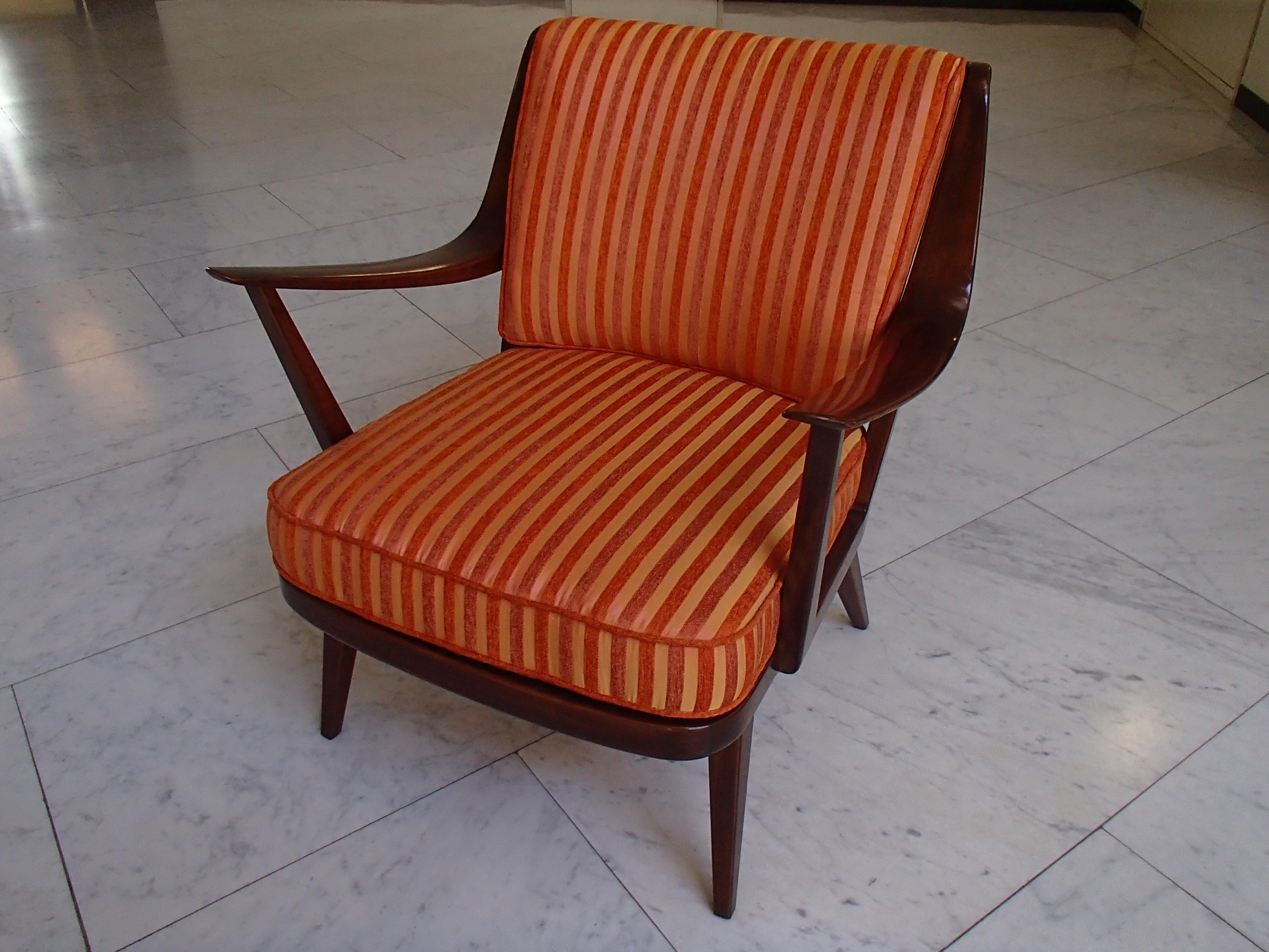 Mid-Century Modern armchair by Knoll Antimott cushions in various orange tones stripes new recovered.