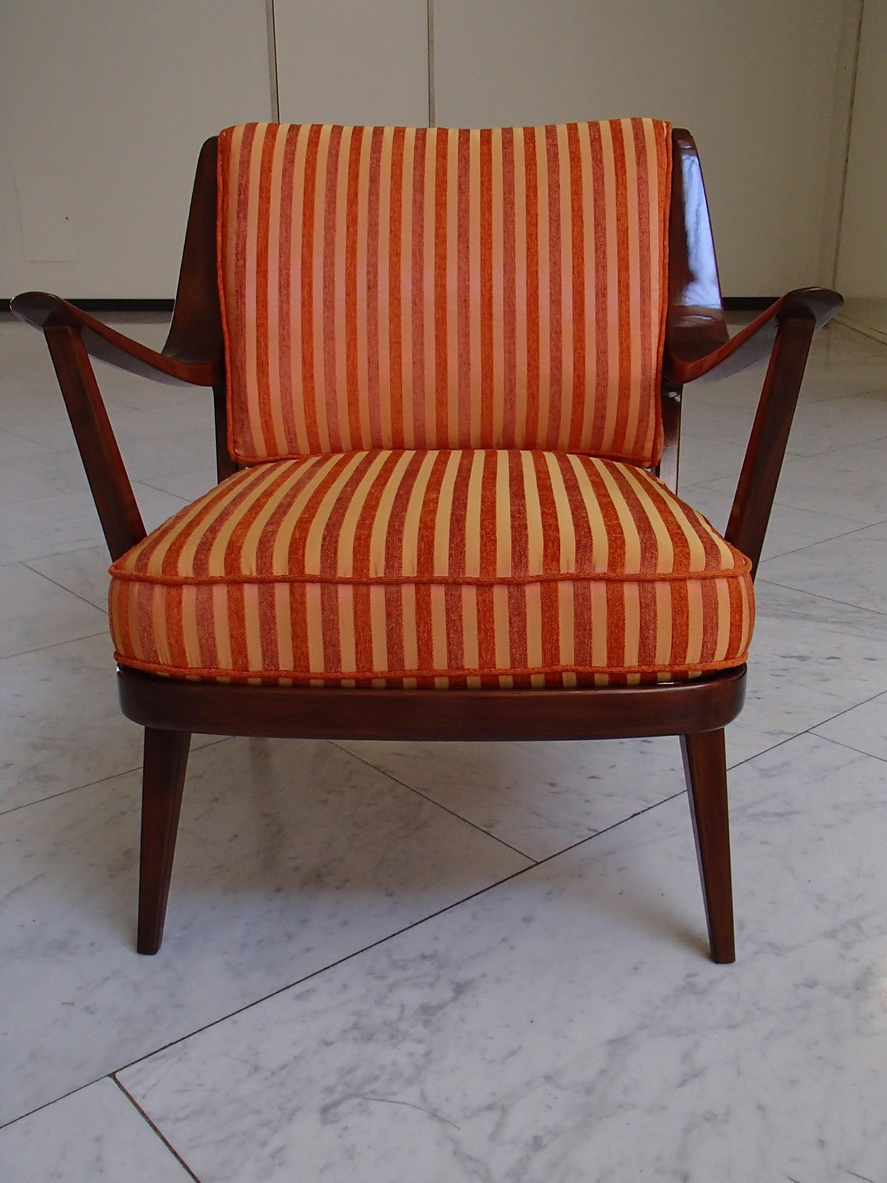 Mid-Century Modern Sessel von Knoll Antimott Kissen Orange Töne Streifen (Deutsch) im Angebot