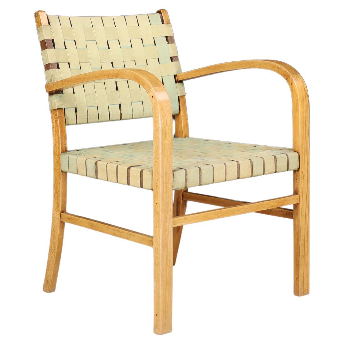 Mid-Century Modern Armchair in Beech and Patinated Canvas Webbing, France, 1950s