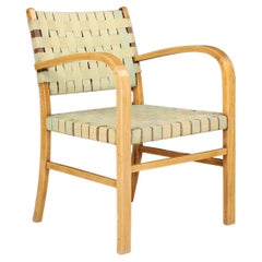 Mid-Century Modern Armchair in Beech and Patinated Canvas Webbing, France, 1950s