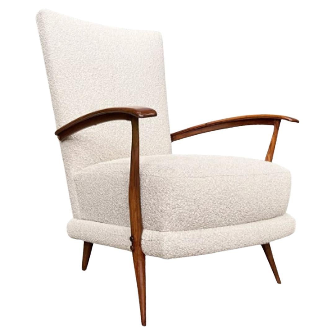 Mid-Century Modern Armchair in Hardwood , Leather and Bouclé by G. Scapinelli  For Sale