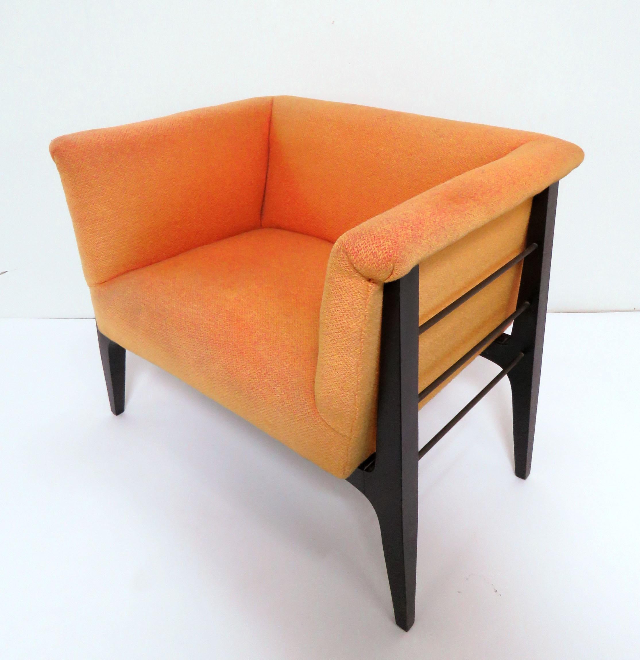 Angular midcentury lounge chair with ebonized lacquered frame, accented by brass rods. Unknown maker, in style of Harvey Probber.