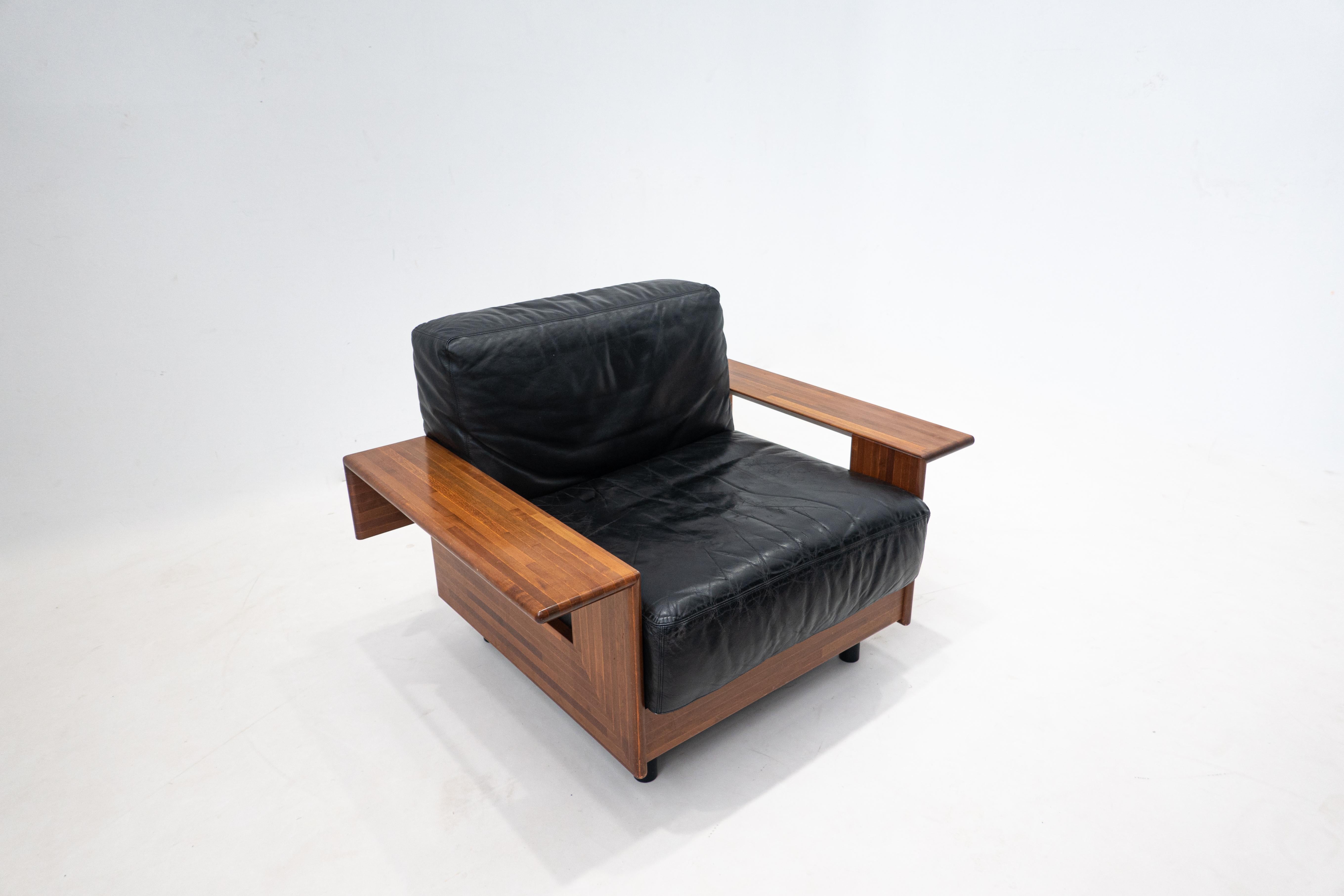 Mid-Century Modern Armchair in the style of Tobia Scarpa, wood and leather.