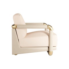 Mid-Century Modern Style Armchair, White Velvet & Golden Details Accent Chair