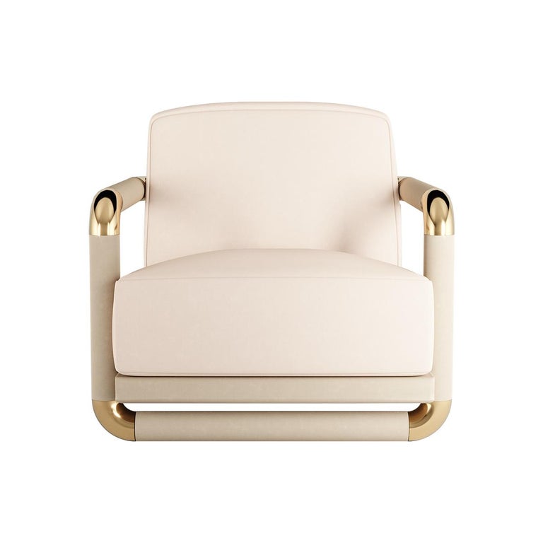 Portuguese 21st Century Mid-Century Modern Style Armchair in White Velvet & Golden Details For Sale