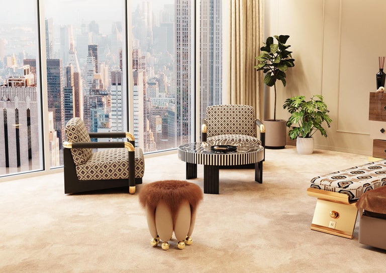 Contemporary 21st Century Mid-Century Modern Style Armchair in White Velvet & Golden Details For Sale