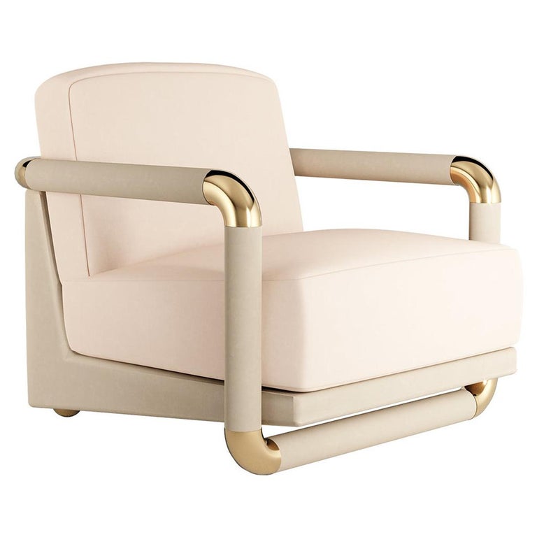 21st Century Mid-Century Modern Style Armchair in White Velvet & Golden Details For Sale