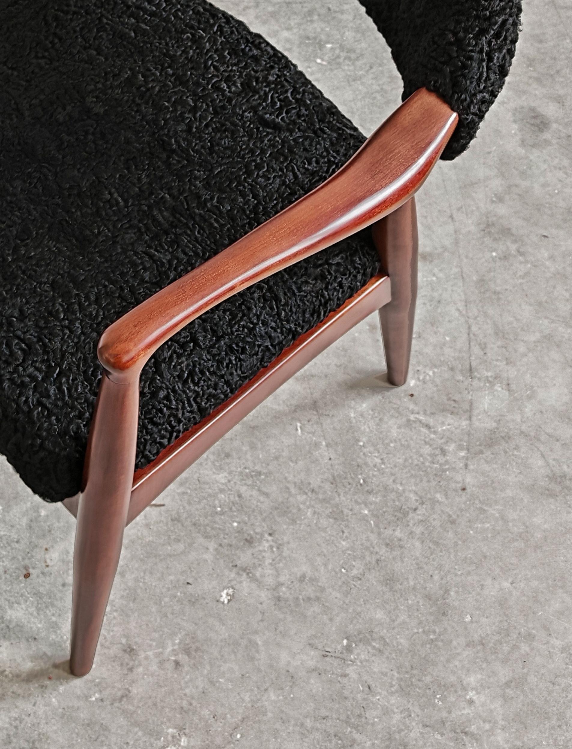Fur Mid Century Modern Armchair upholstered in astrakhan fur, Yugoslavia 1960s For Sale
