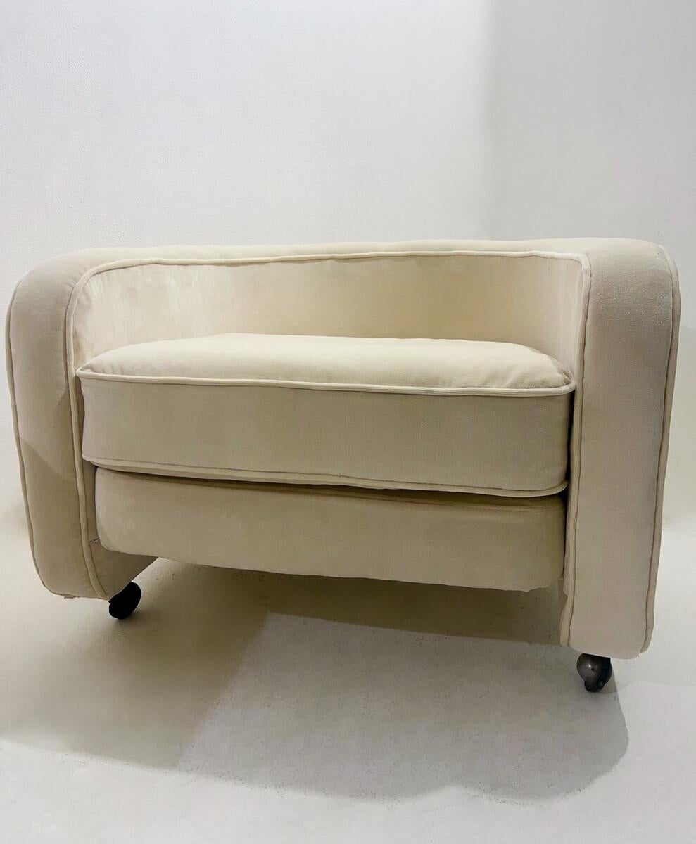 Fabric Mid Century Modern Armchair with Wheels 1970s - New Upholstery - 3 available For Sale