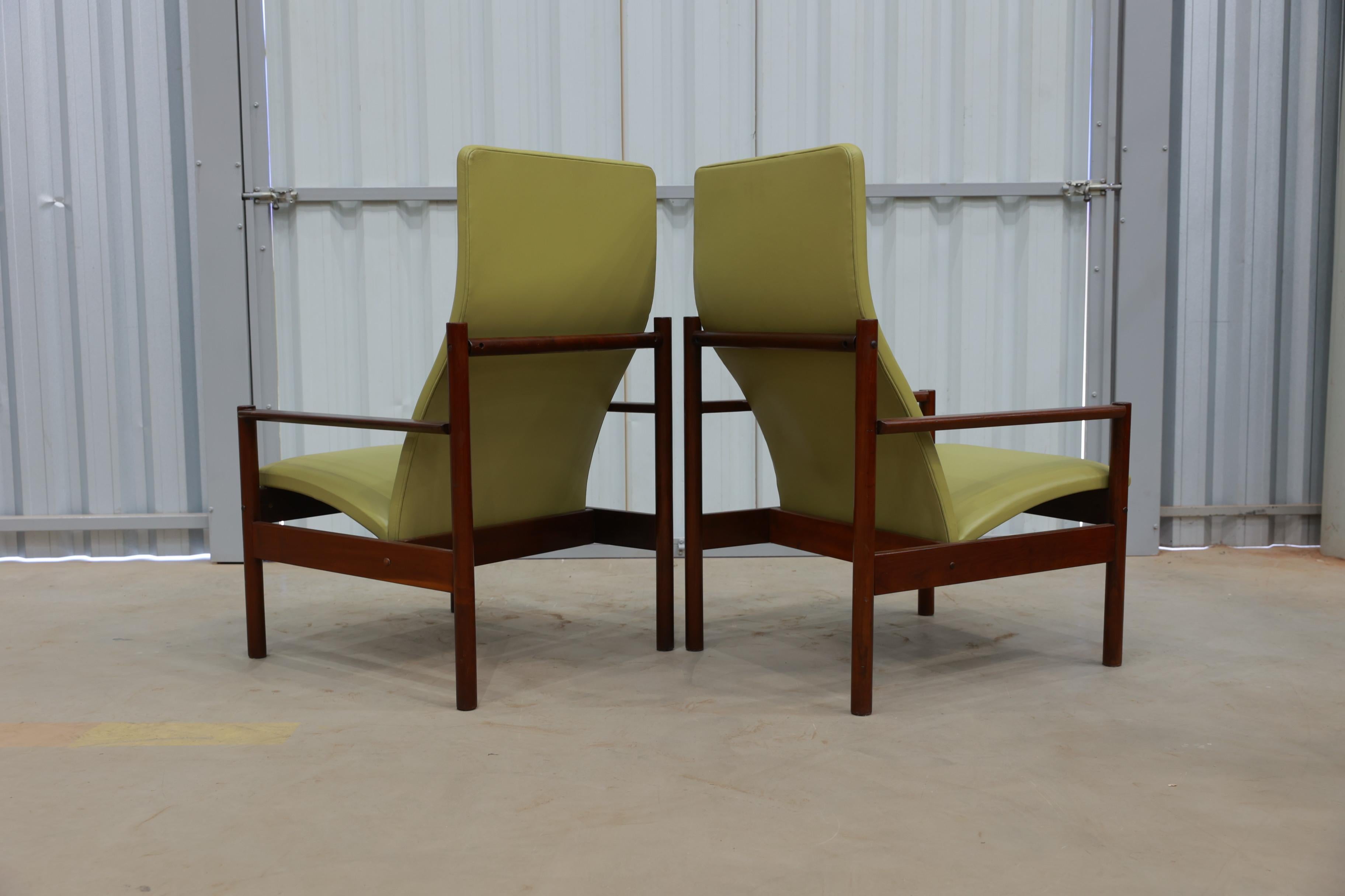 Hand-Carved Mid-Century Modern Armchairs in Hardwood and Leather Michel Arnault, c. 1960s 